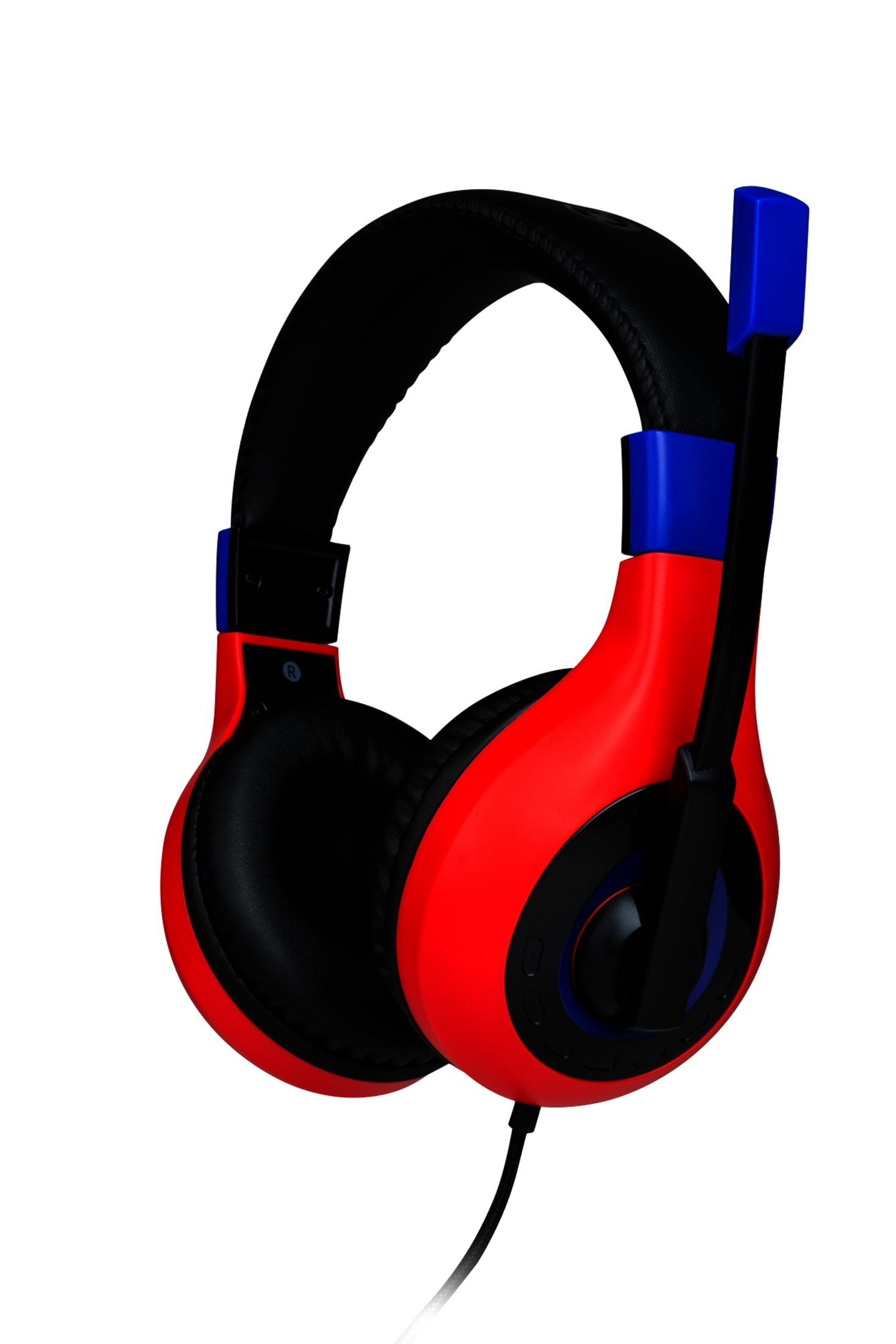 Czerwono-niebieskie słuchawki do gier, czarne nauszniki i mikrofon.