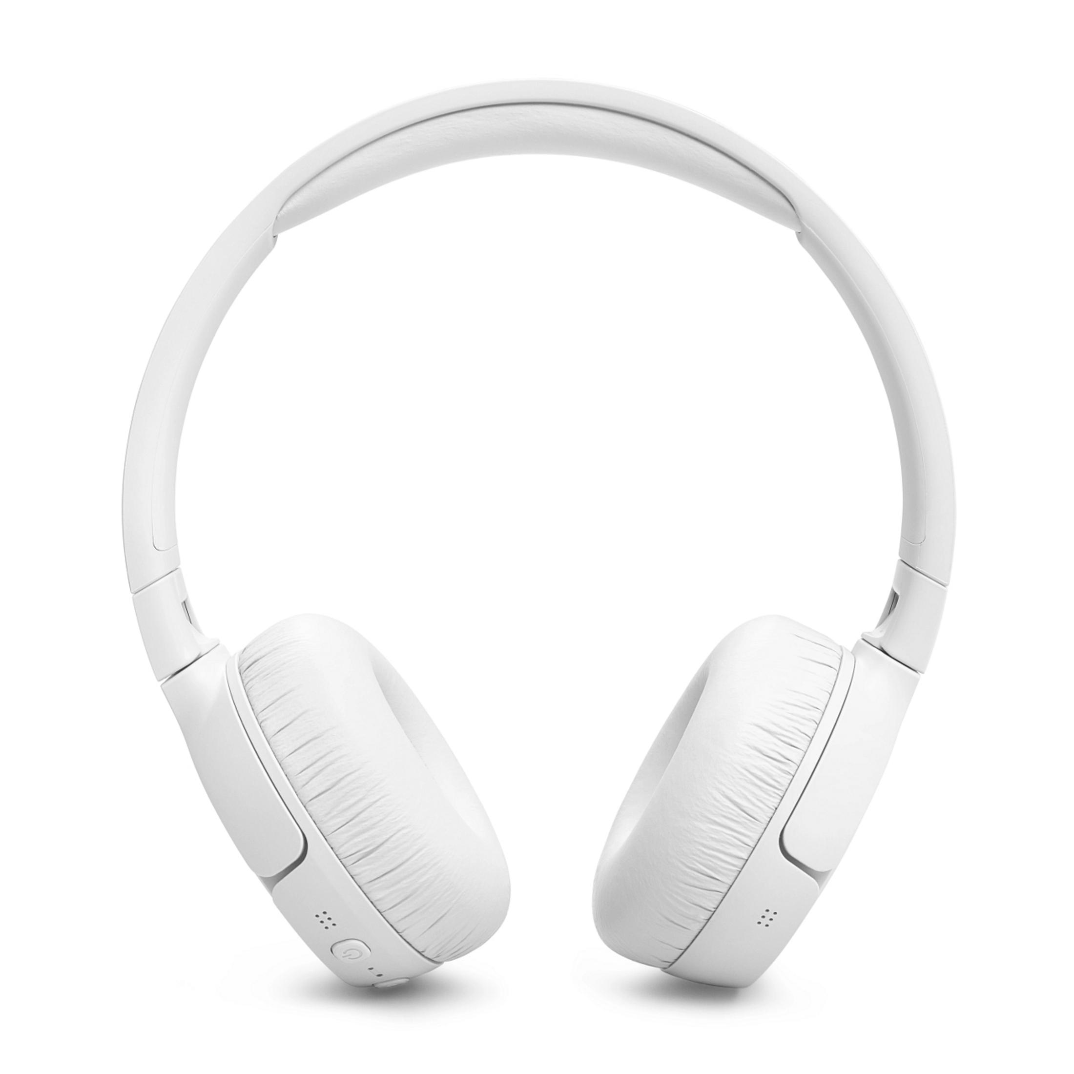 Weisse Over-Ear-Kopfhörer. Der Kopfbügel und die Ohrmuscheln sind sichtbar. Das Design ist schlank und modern.