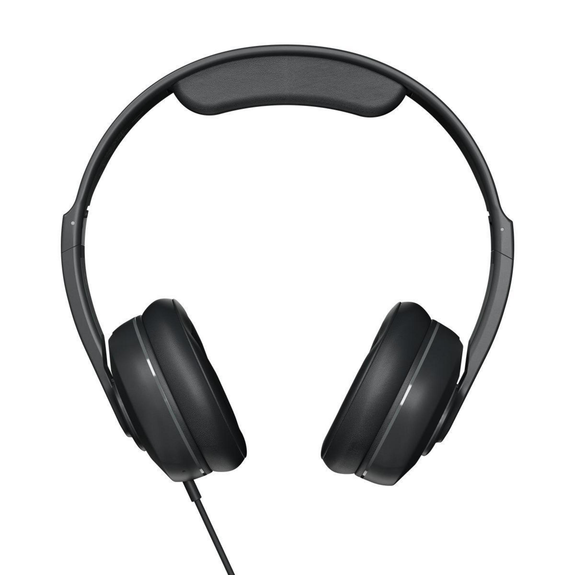 Black headphones, viewed from the top, with a headband and ear cups. The cable is connected at the bottom.