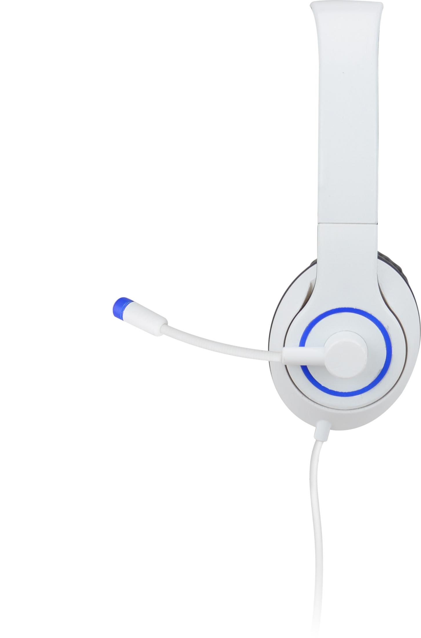 Weißes Headset mit blauen Akzenten, Mikrofon erstreckt sich links auf weißem Hintergrund.