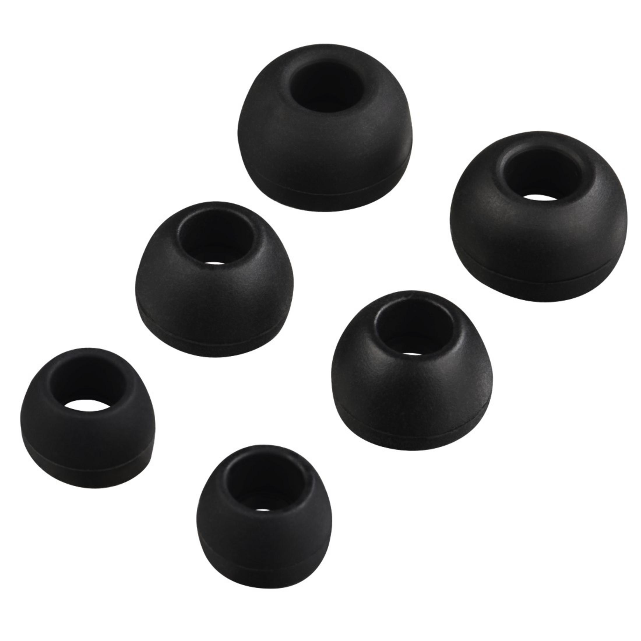 Six embouts d'oreille noirs de différentes tailles. Ronds et s'insèrent dans l'oreille.