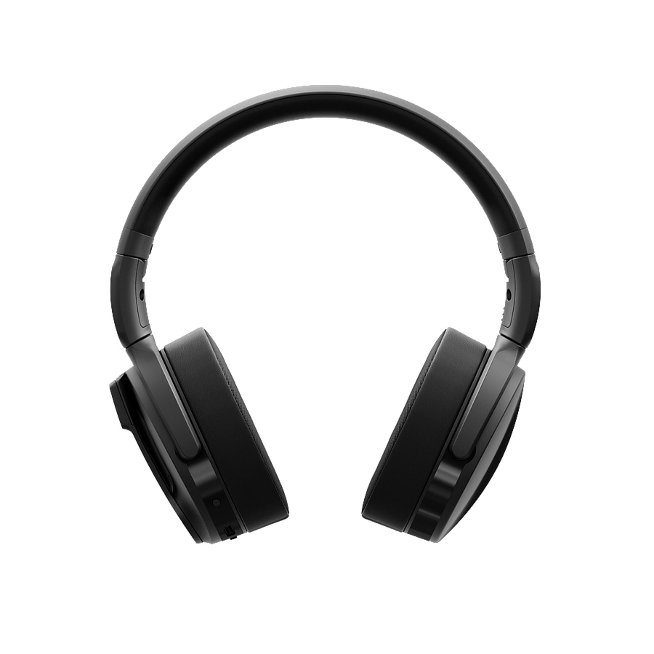 Schwarze Over-Ear-Kopfhörer, Draufsicht, die Ohrmuscheln und den Kopfbügel zeigend.