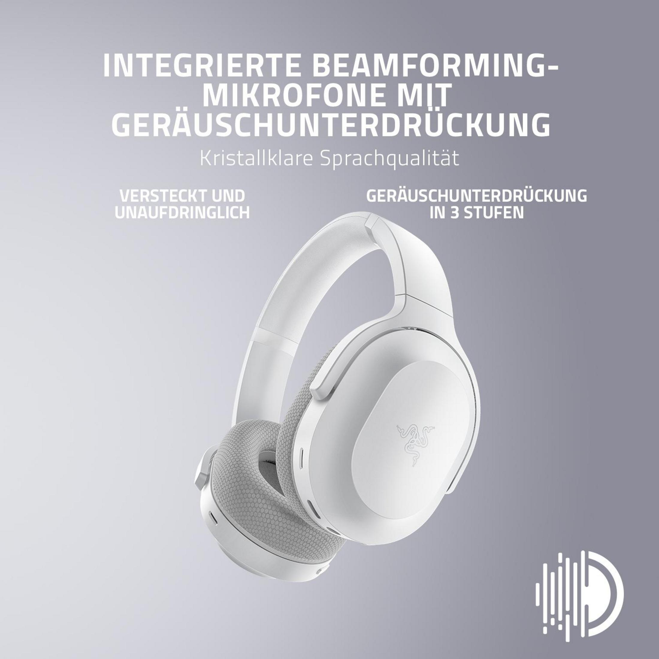 Białe słuchawki z mikrofonem w witrynie, z tekstem o funkcjach.