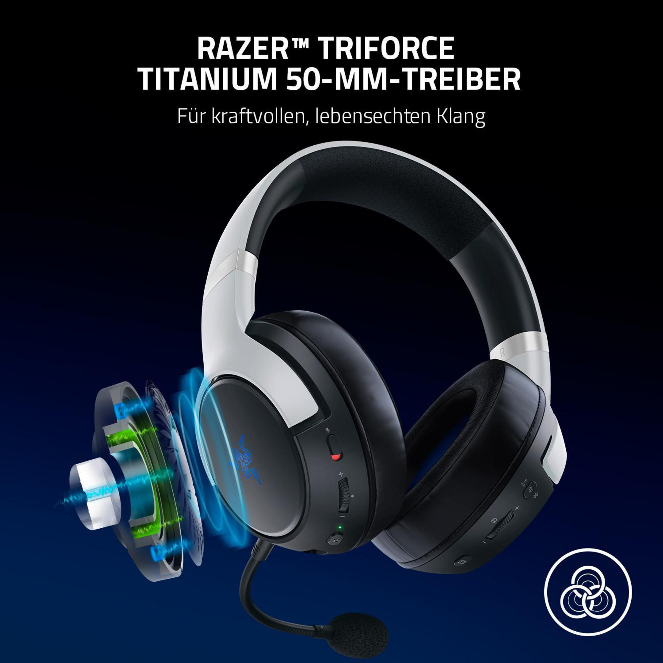 Schwarze und silberne Razer-Kopfhörer mit Mikrofon, mit detaillierter Ansicht der Treiber.