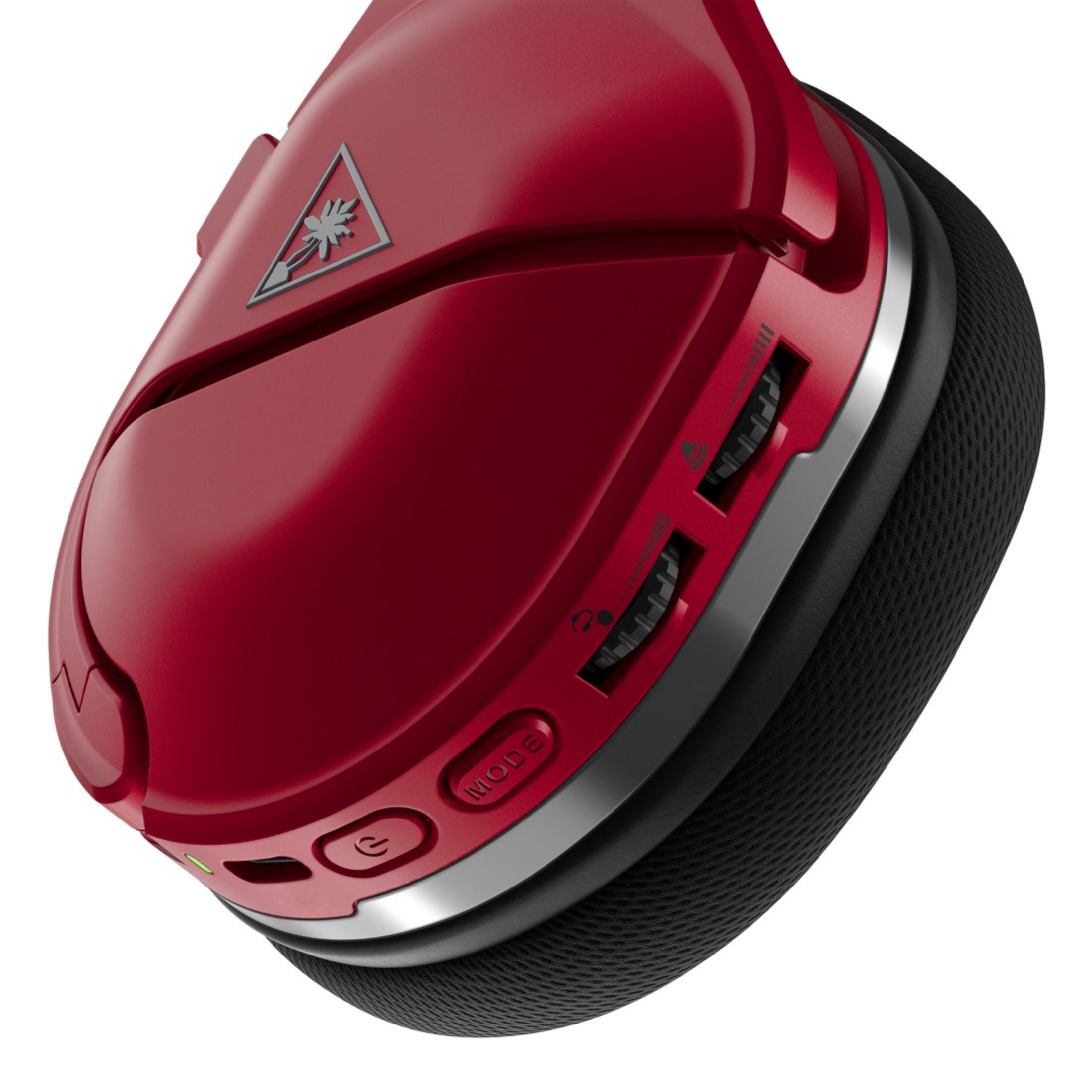 Czerwony zestaw słuchawkowy dla graczy, widok pod kątem. Elementy sterujące na prawym nauszniku, logo po lewej.