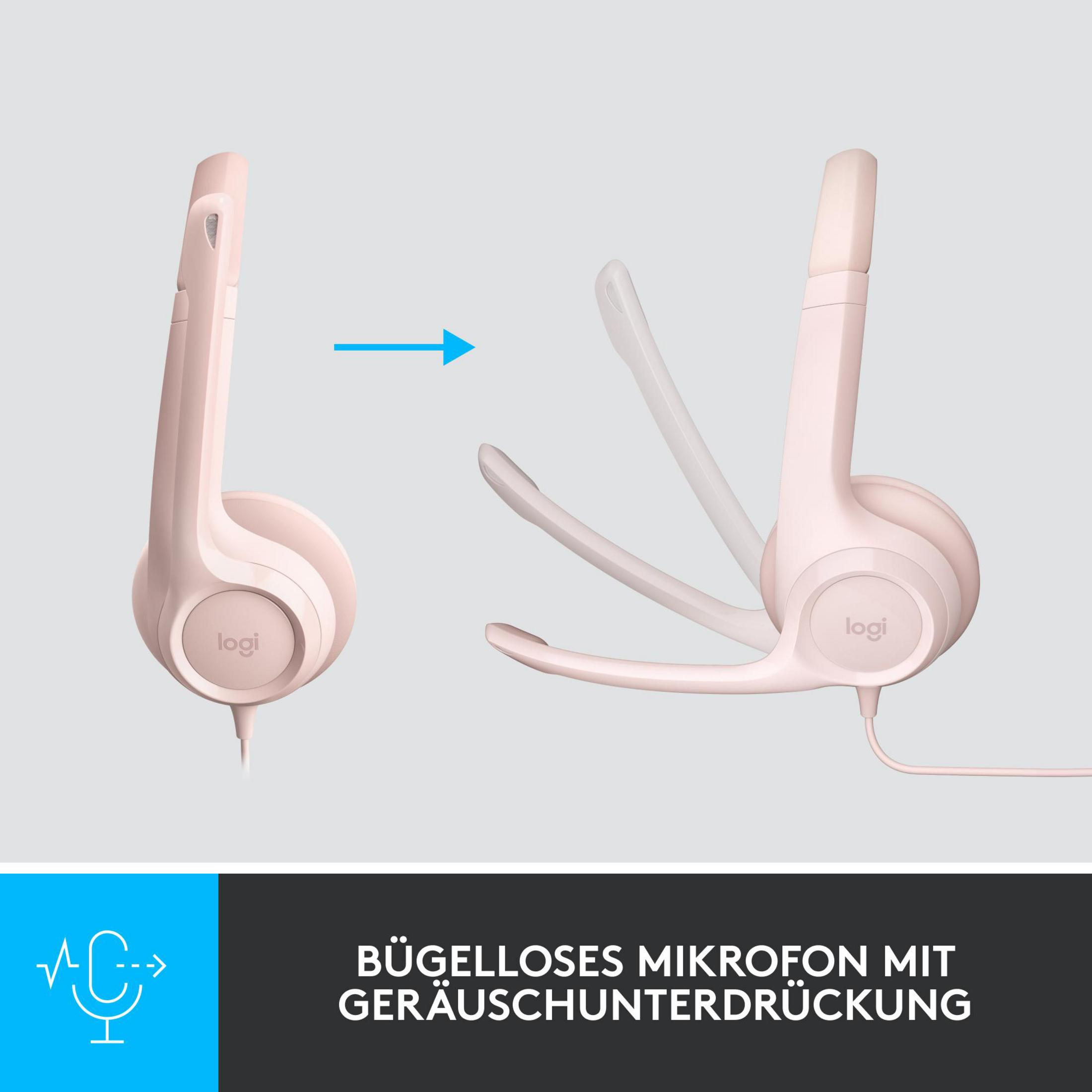 Rosa Kopfhörer, faltbar, mit Mikrofon und Geräuschunterdrückung.
