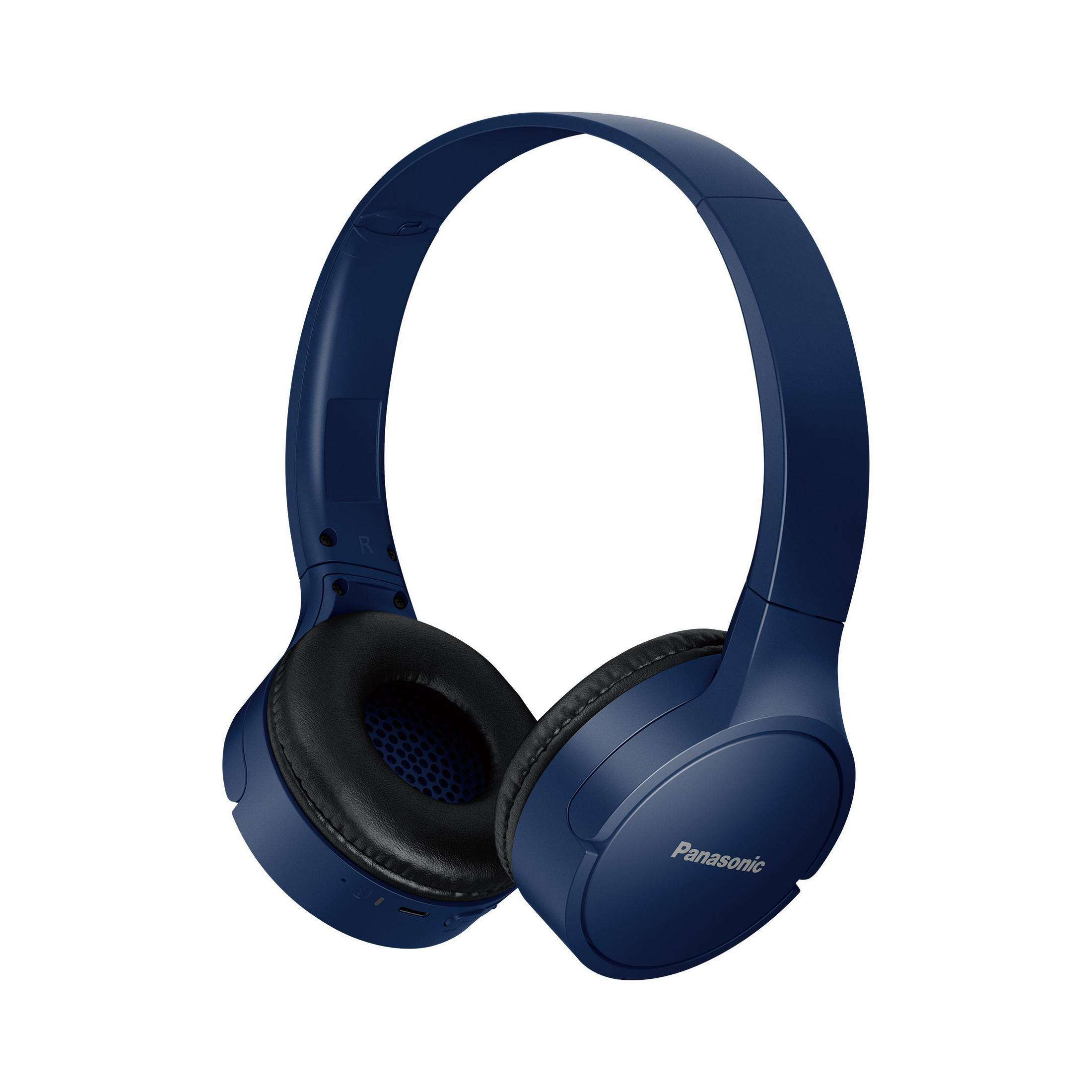 Cuffie Panasonic blu su sfondo bianco. L'auricolare sinistro in primo piano.
