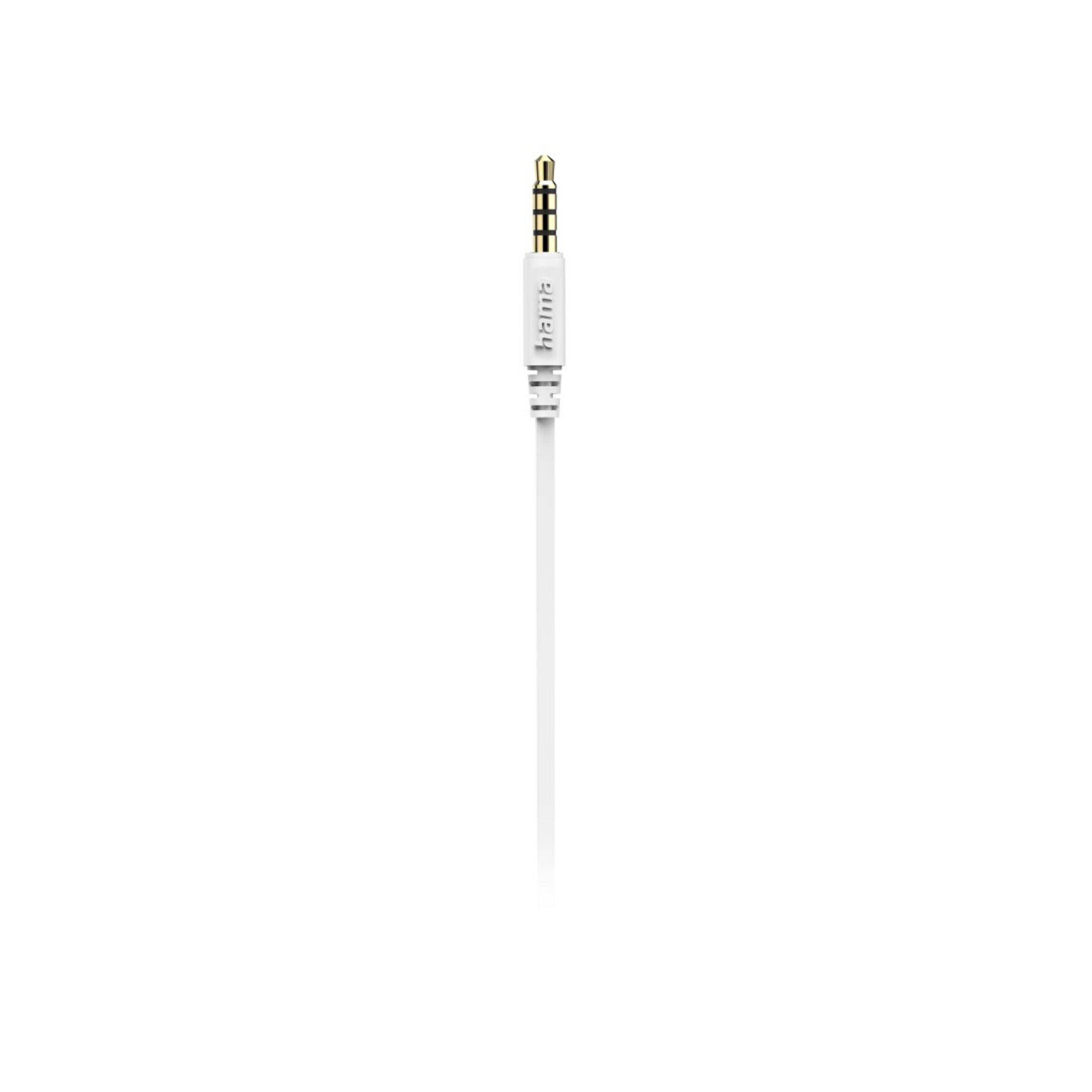 Biały kabel jack audio ze złotym złączem na białym tle.