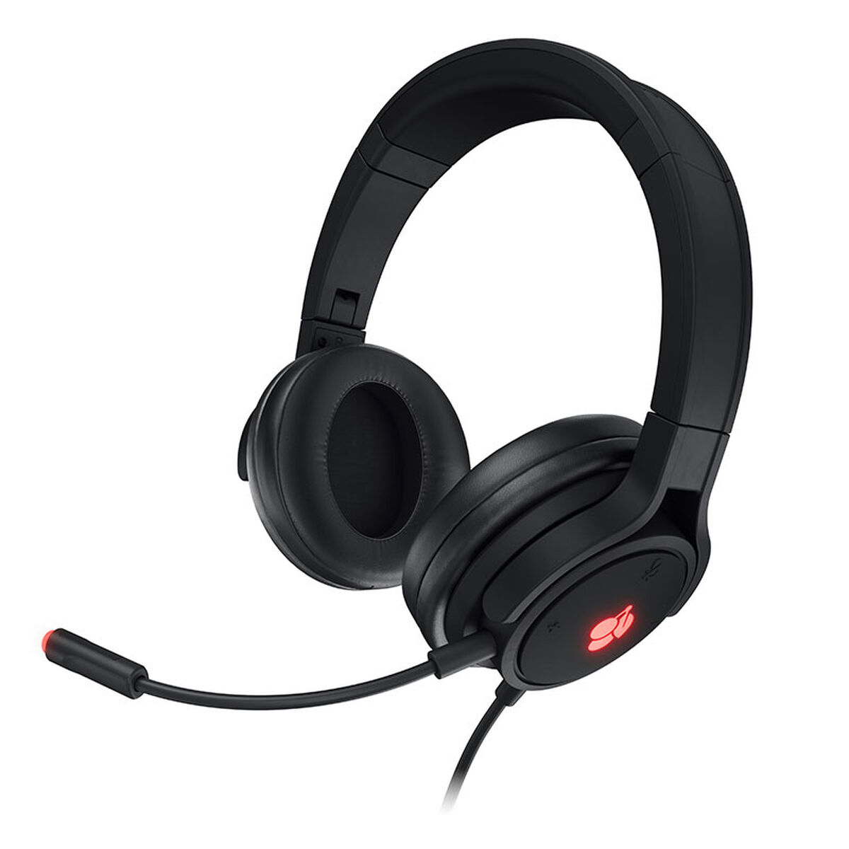 Schwarze Over-Ear-Kopfhörer mit Mikrofon. Ein rotes Logo ist auf einer der Ohrmuscheln sichtbar.