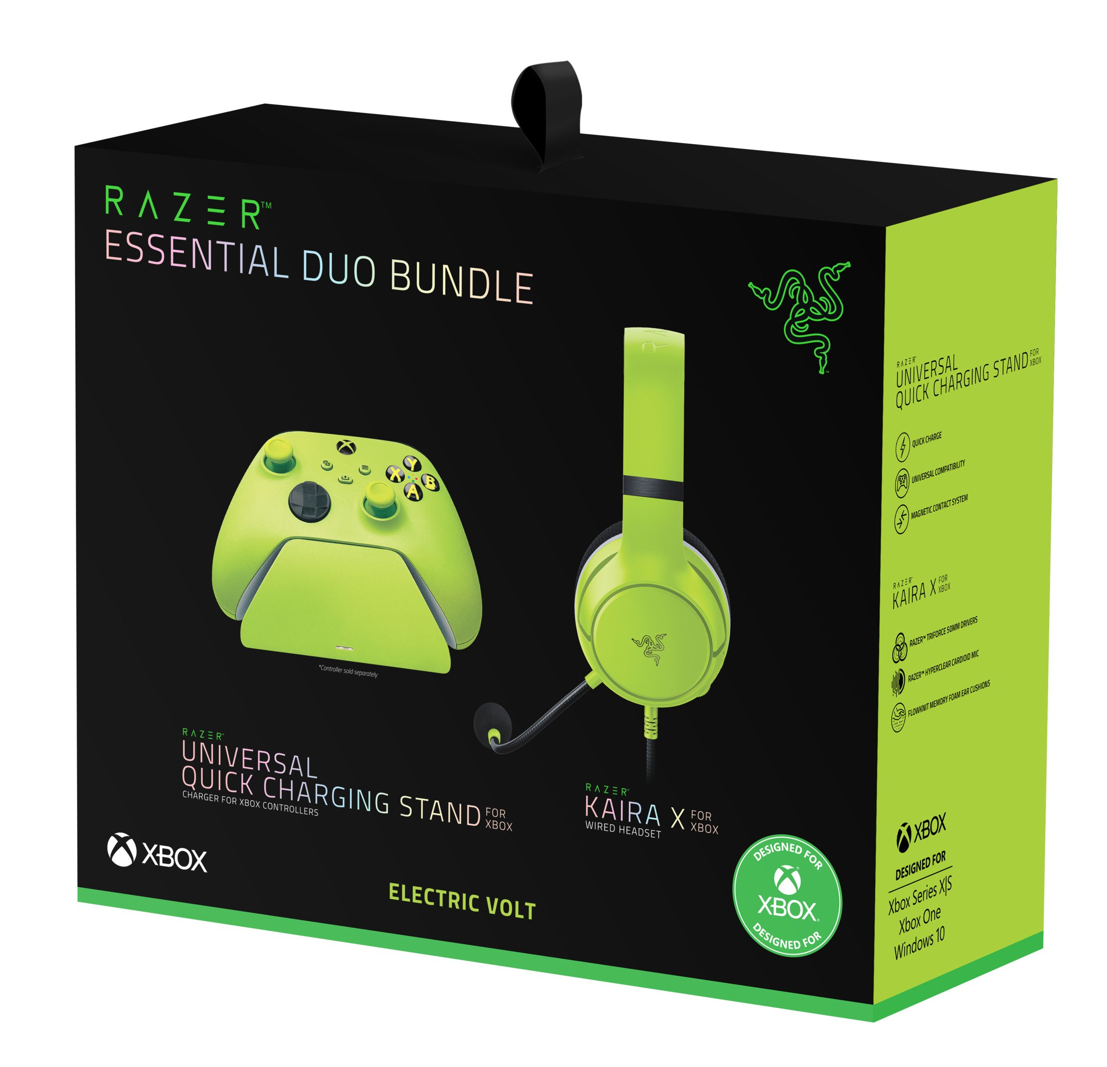 Zestaw Razer Xbox: kontroler z podstawką, słuchawki i stacja ładująca. Zielony schemat, czarne pudełko.