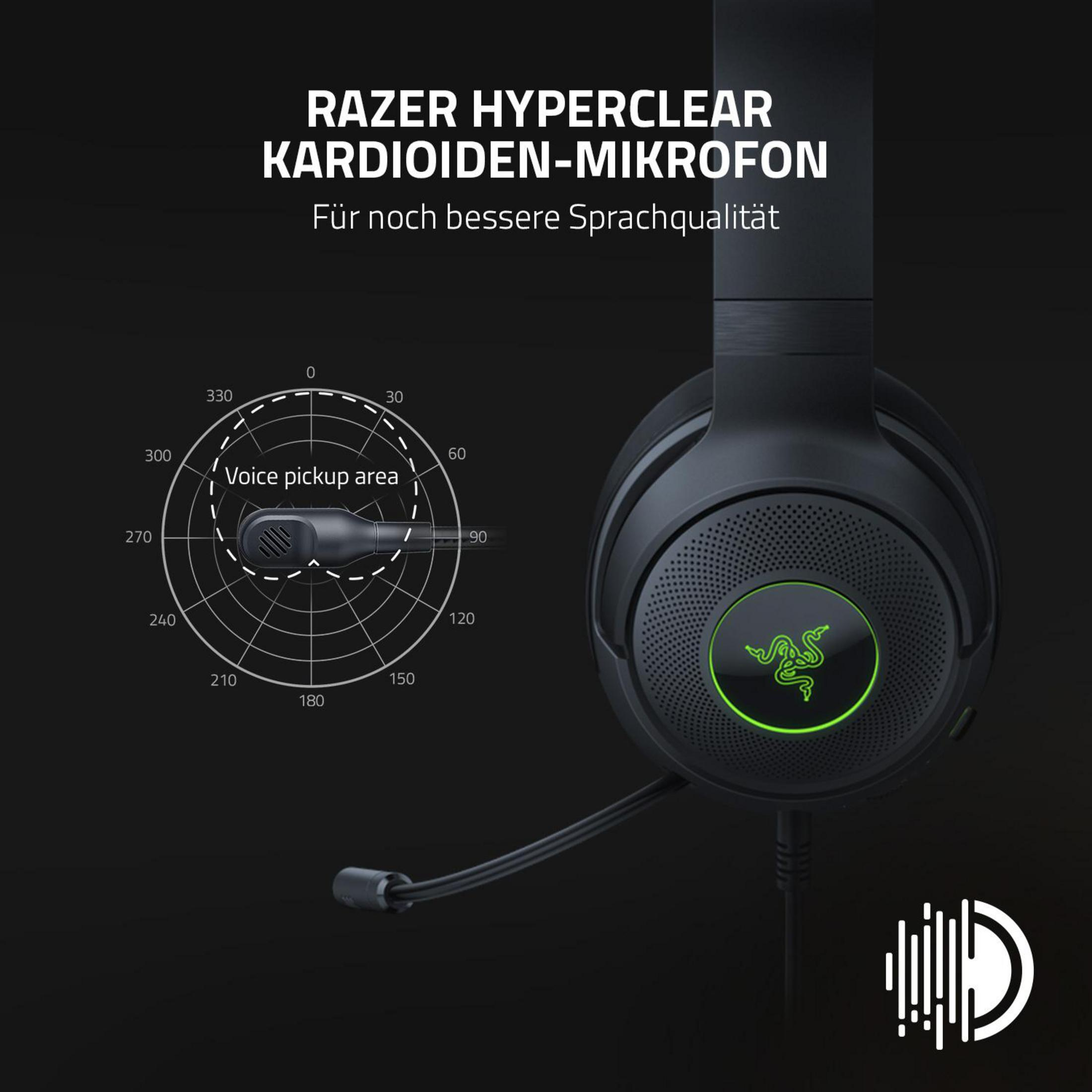 Czarne słuchawki dla graczy z logo Razer. Tekst: Razer Hyperclear Kardioid-Mikrofon. Diagram przedstawia obszar odbioru.
