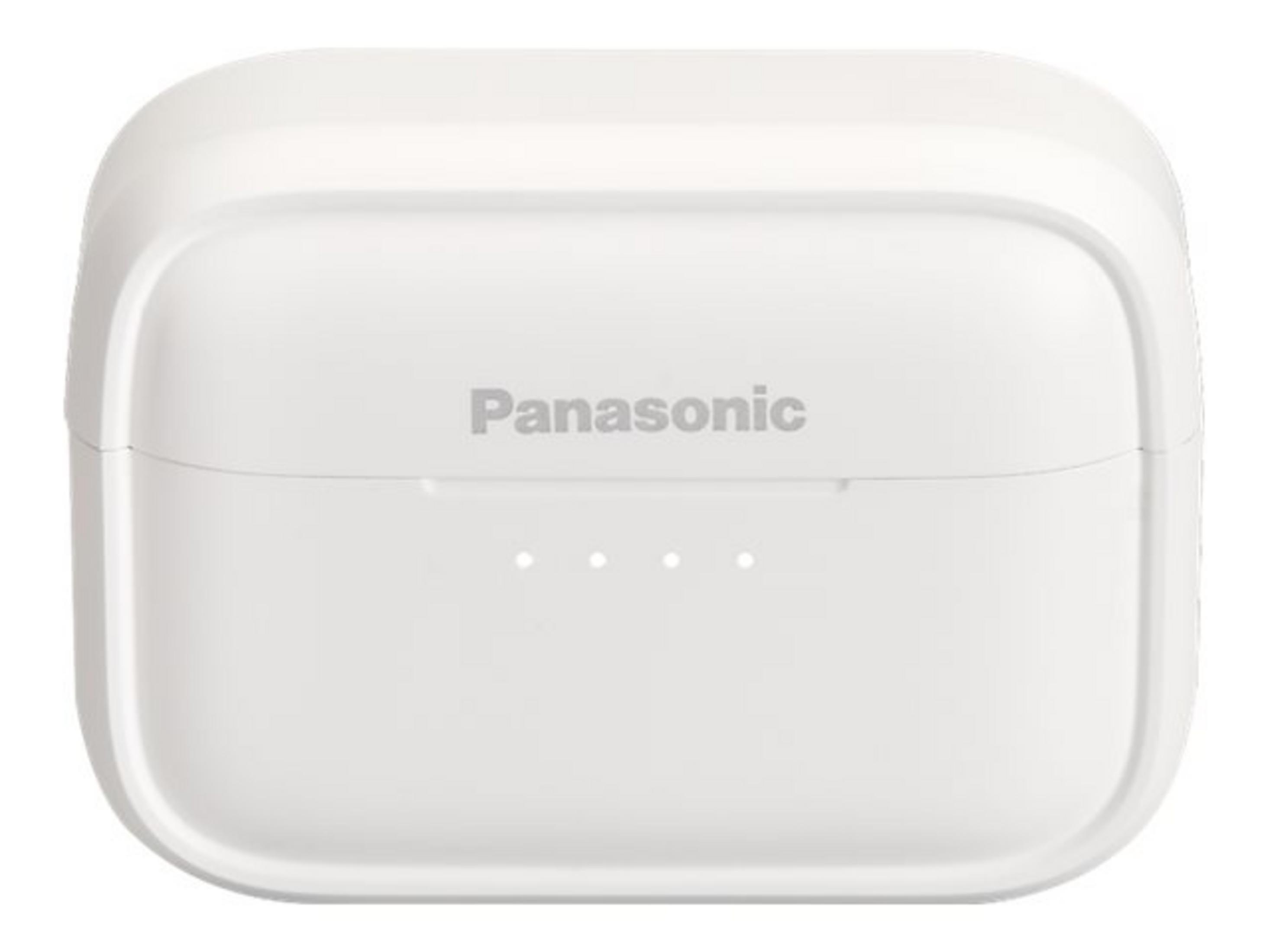 Białe etui ładujące Panasonic do słuchawek. Etui jest zamknięte i posiada trzy kontrolki.