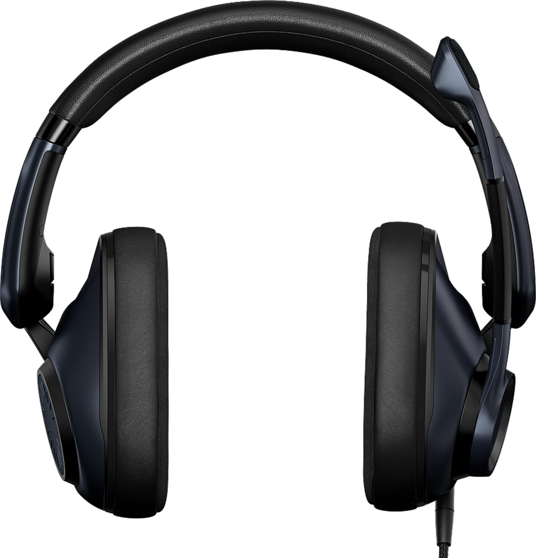 Granatowe słuchawki nauszne. Czarne nauszniki i pałąk.