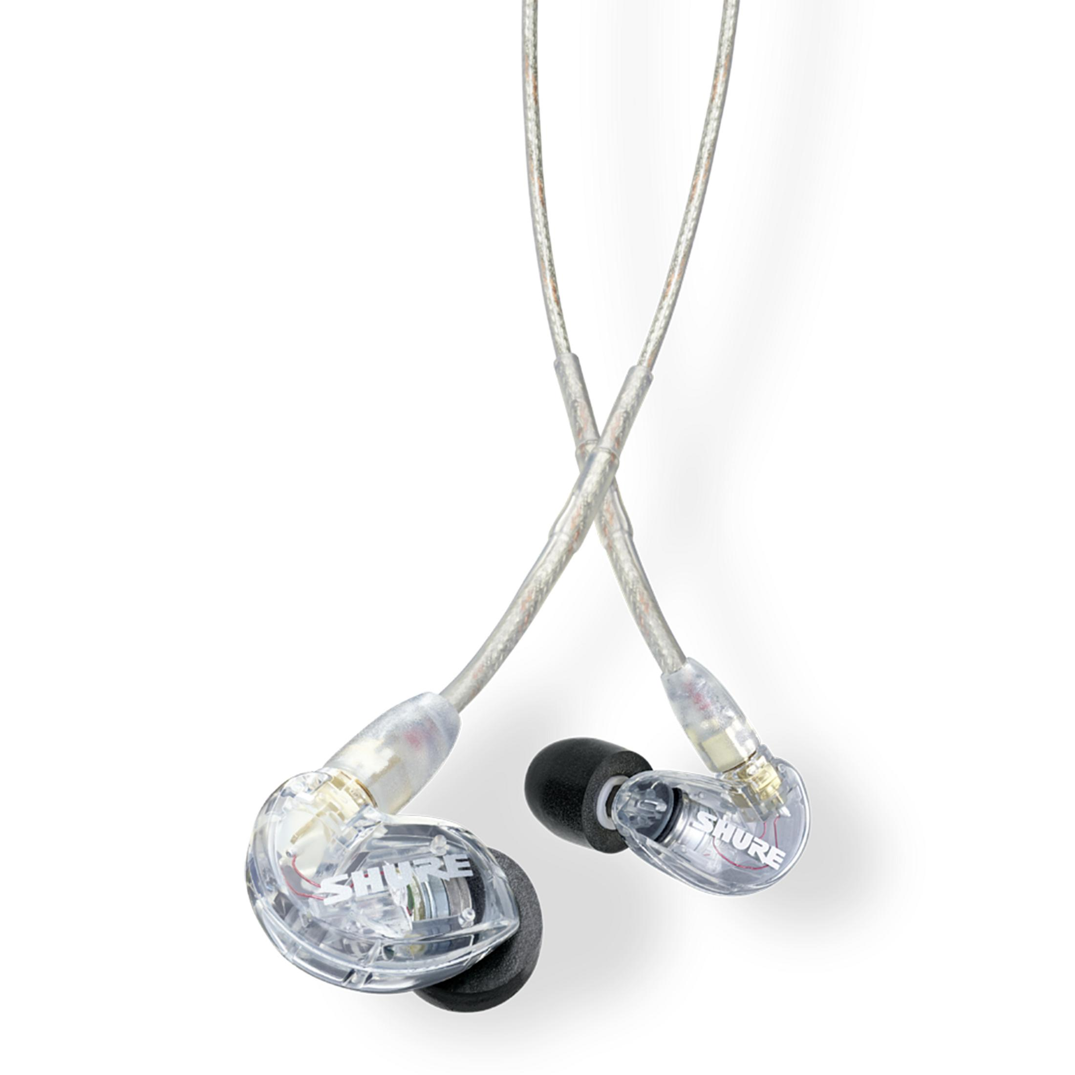 Przezroczyste słuchawki douszne ze srebrnymi przewodami wiszącymi na białym tle.