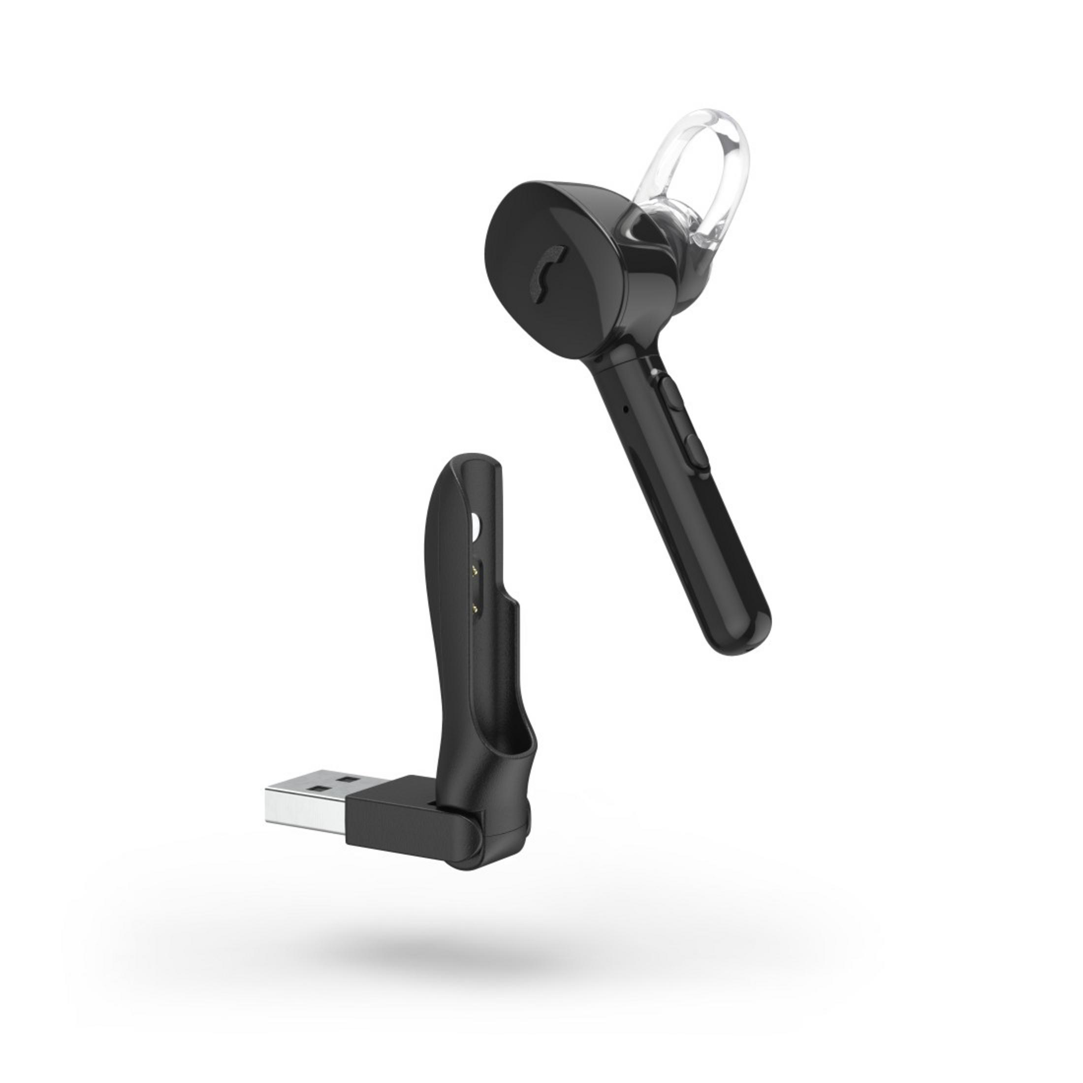 Auricolare wireless nero con base di ricarica. L'auricolare ha un gancio trasparente. La base ha un connettore USB.
