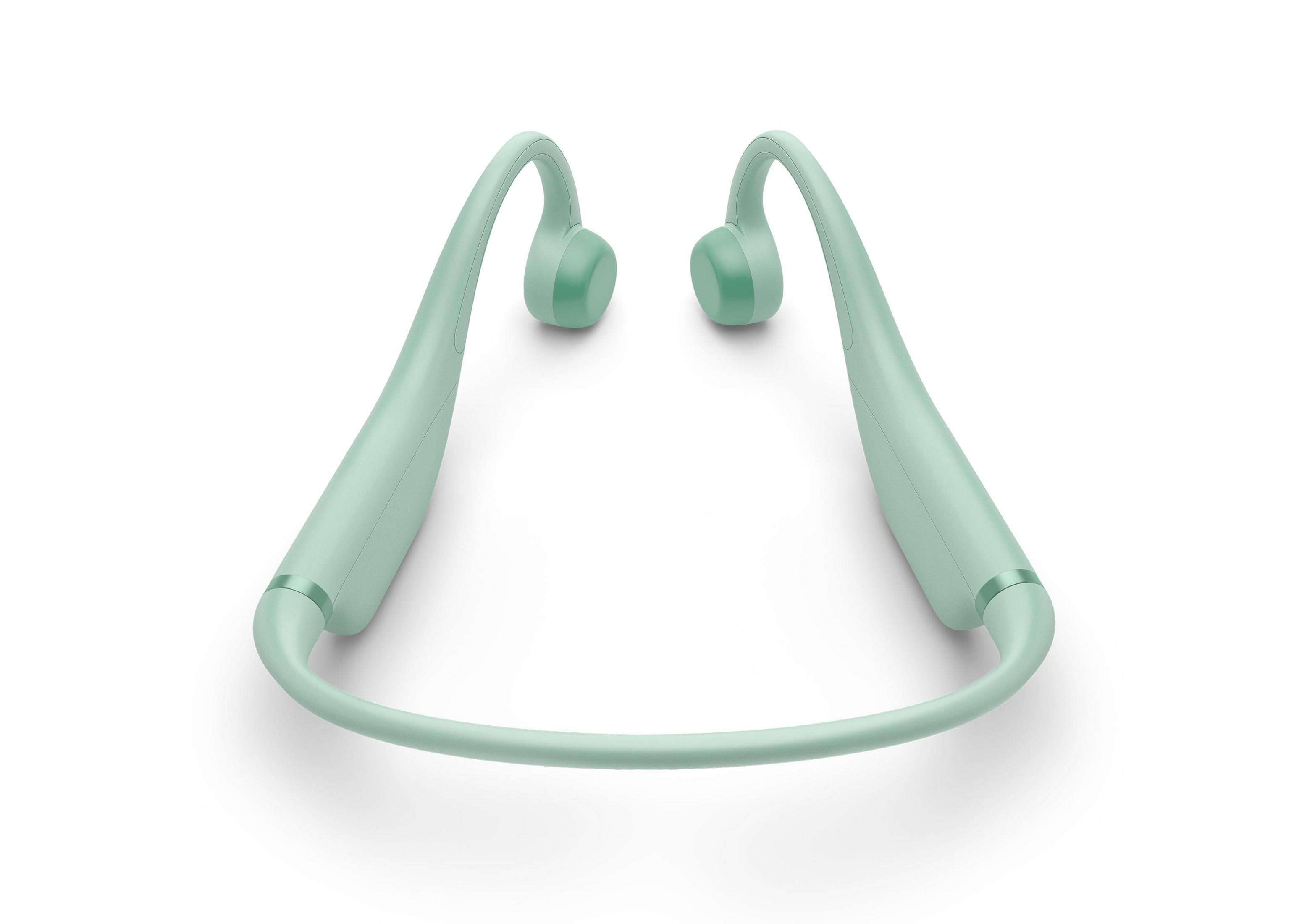 Miętowo-zielone słuchawki bezprzewodowe. Konstrukcja jest zakrzywiona i spoczywa na szyi.