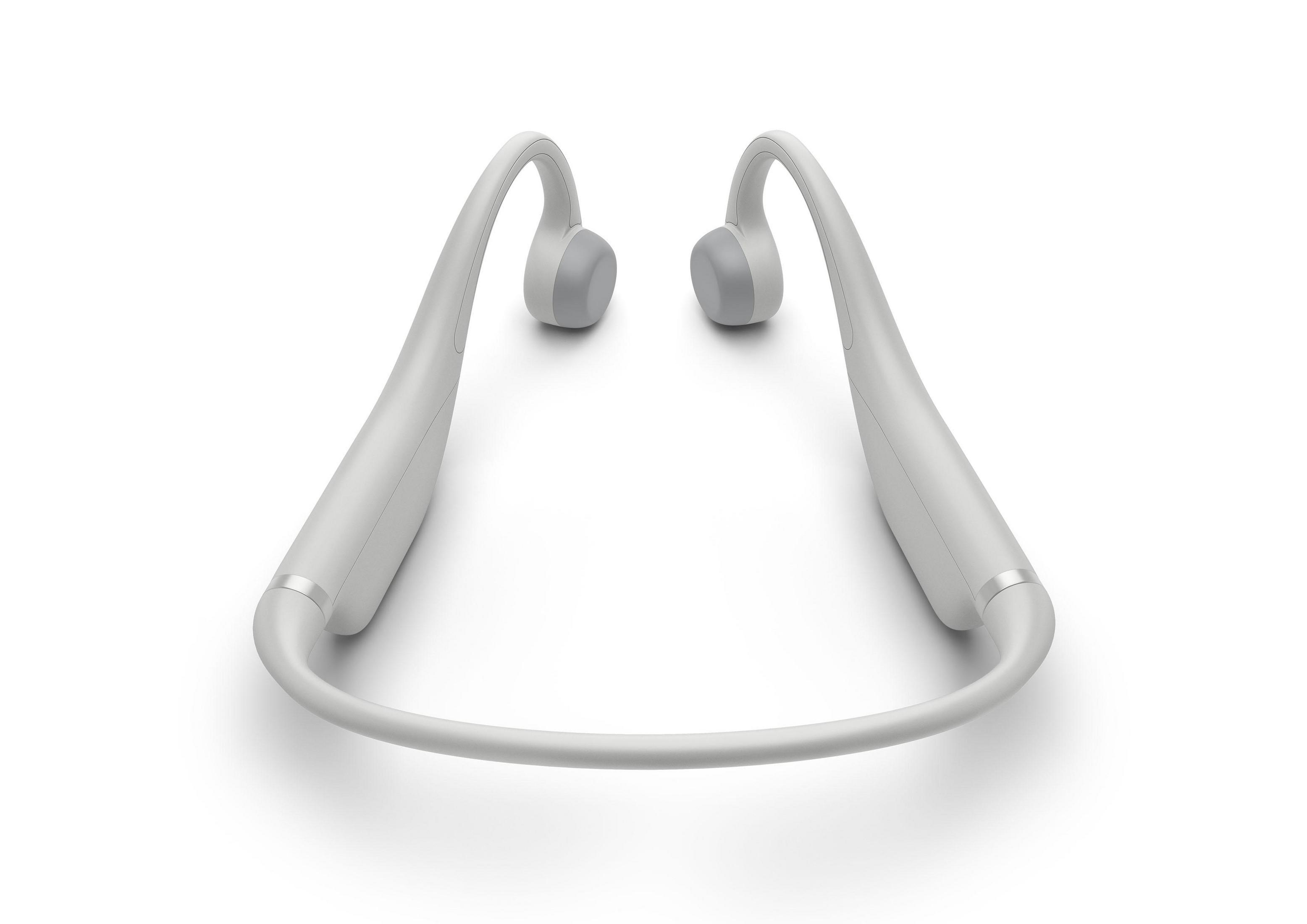 Białe słuchawki na szyję. Są zakrzywione i połączone małą opaską.