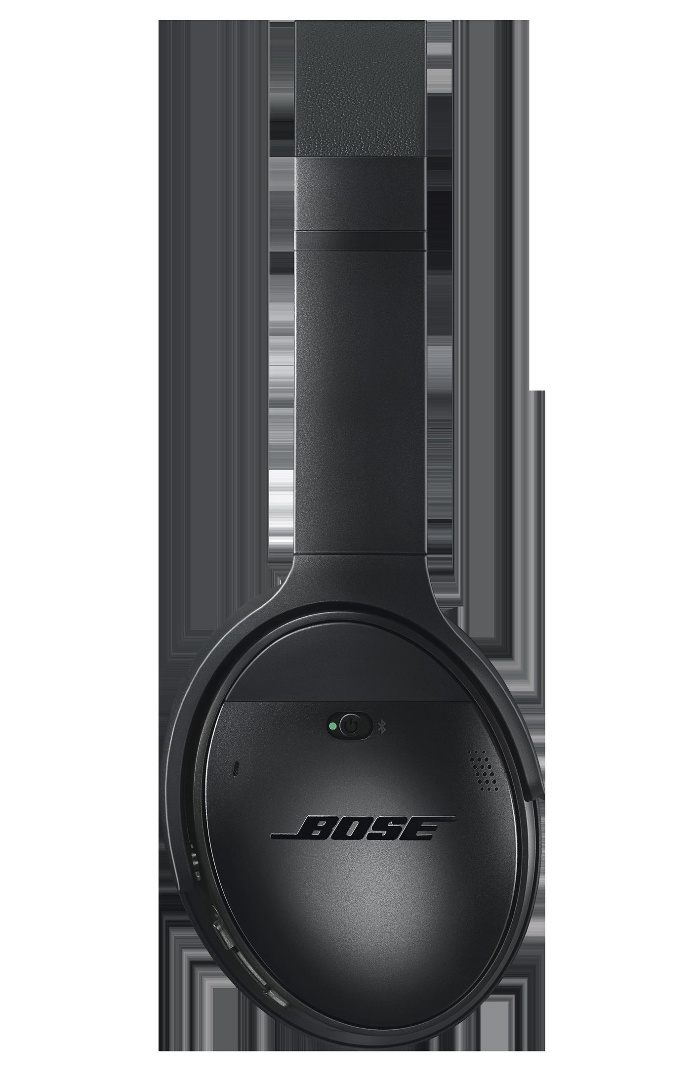 Schwarzer Bose-Kopfhörer, die Ohrmuschel mit Bose-Logo und kleinem Ein-/Ausschalter. Schwarzer Hintergrund.