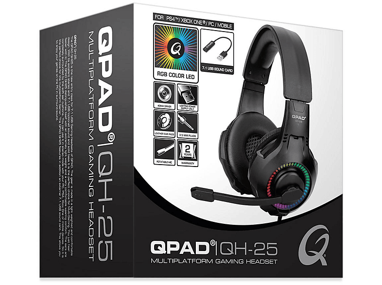 QPAD 9J.H3593.H25 QH-25 RGB 7.1 USB SCHWARZ, Over-ear Gaming Headset Schwarz