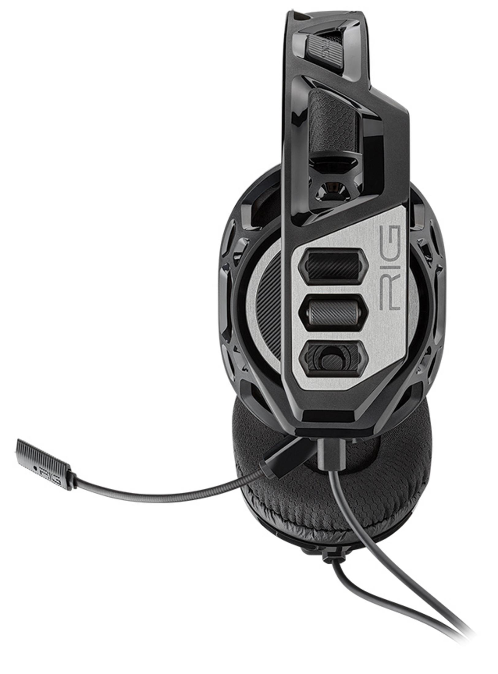 Schwarzes Gaming-Headset mit Mikrofon. Das Headset ist auf weißem Hintergrund, seitlich abgewinkelt.