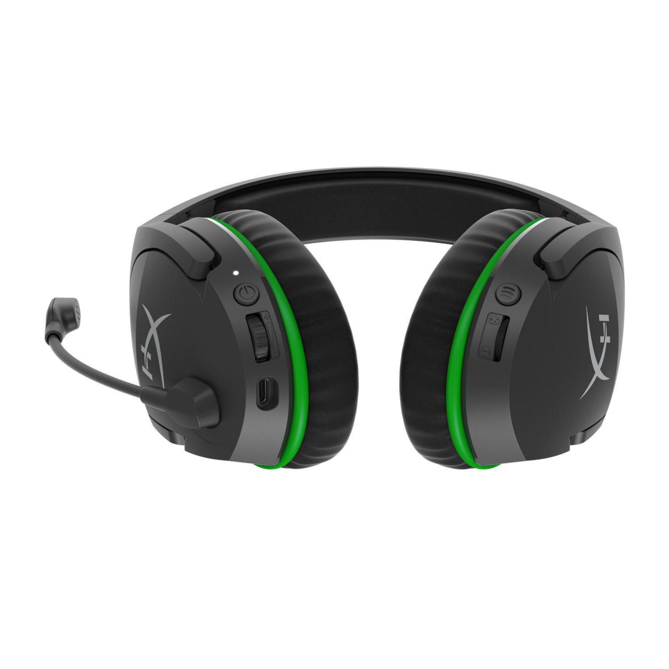 Schwarzes und grünes Gaming-Headset. Das Headset hat ein Mikrofon und Lautstärkeregler.
