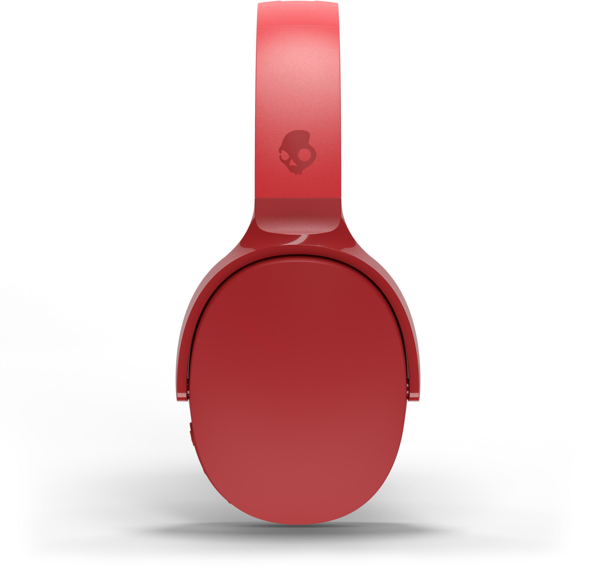Cuffie Skullcandy rosse con archetto rosso, viste dall'alto su sfondo bianco.