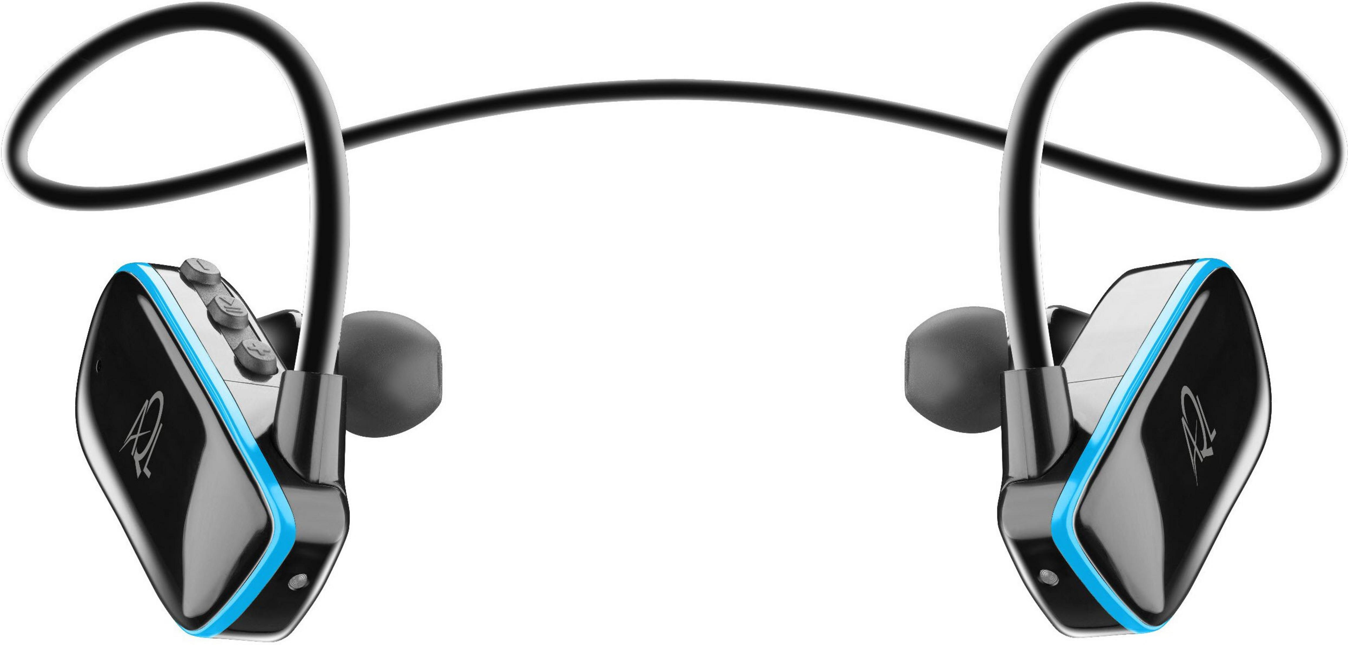 Kabellose Ohrhörer mit schwarzem und blauem Design. Die Ohrhörer sind durch ein schwarzes Kabel verbunden.