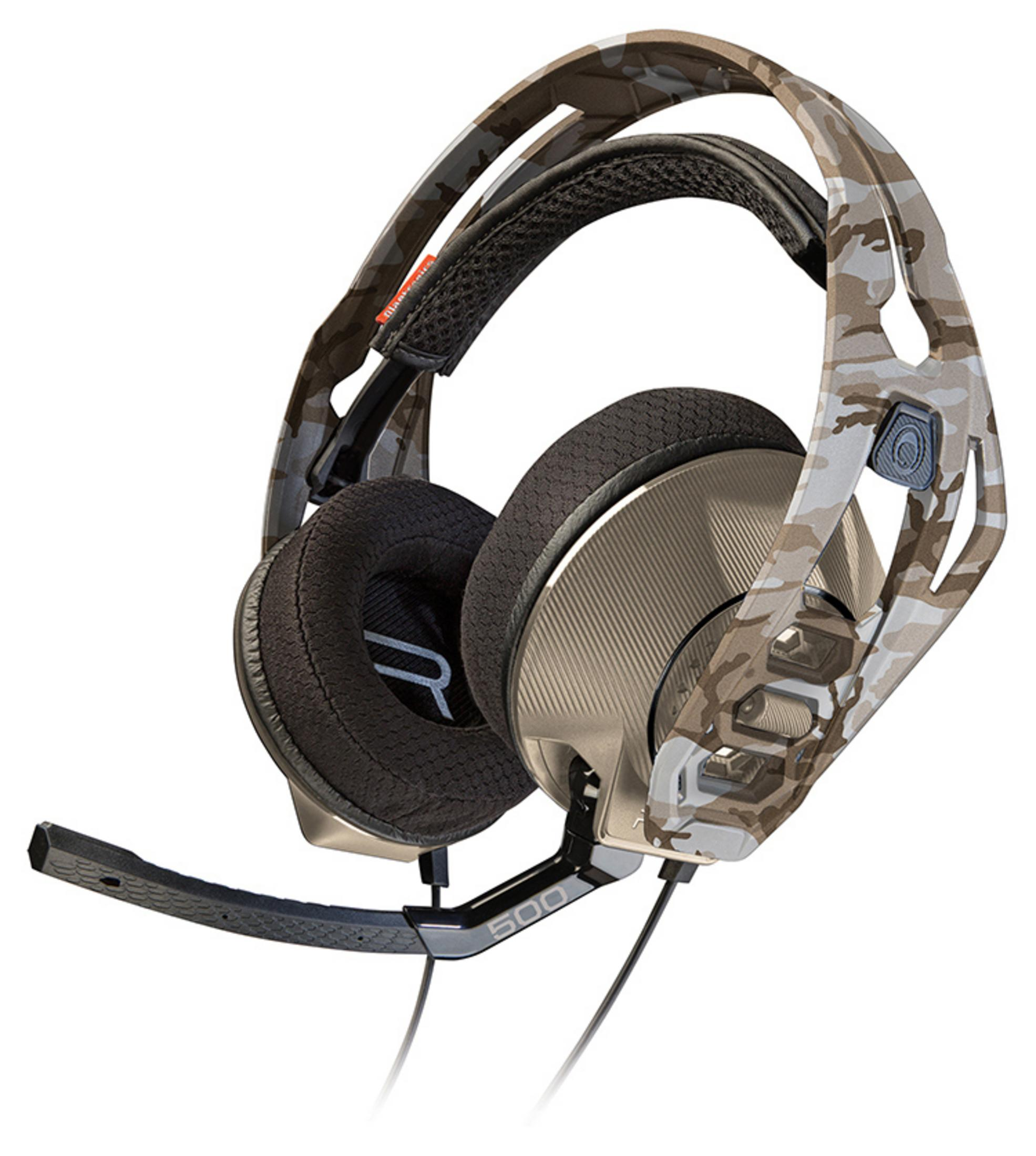 Tarnfarbenes Gaming-Headset mit Mikrofon. Die Ohrmuscheln sind grau und der Rahmen ist tarnfarben.