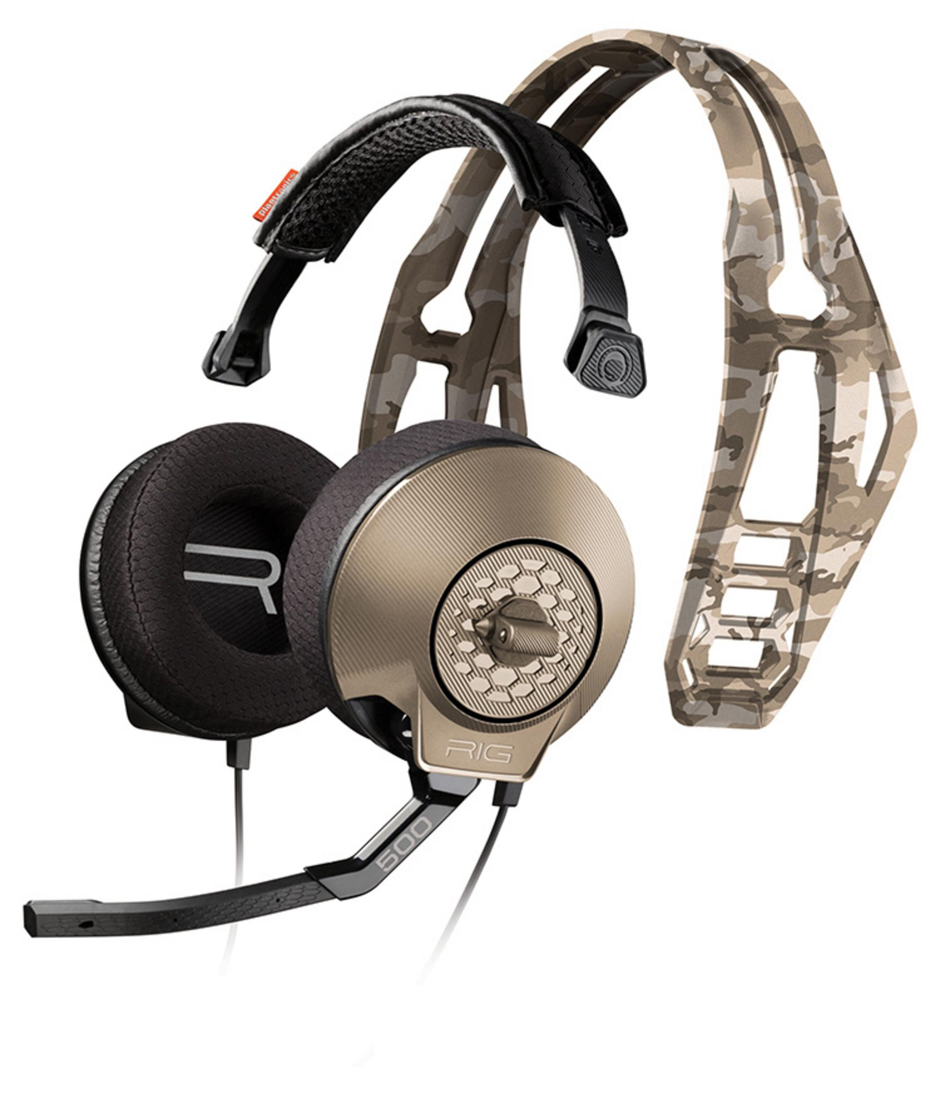Plantronics RIG 500 Kopfhörer, Camo-Kopfbügel, schwarze Ohrmuscheln und Mikrofon.