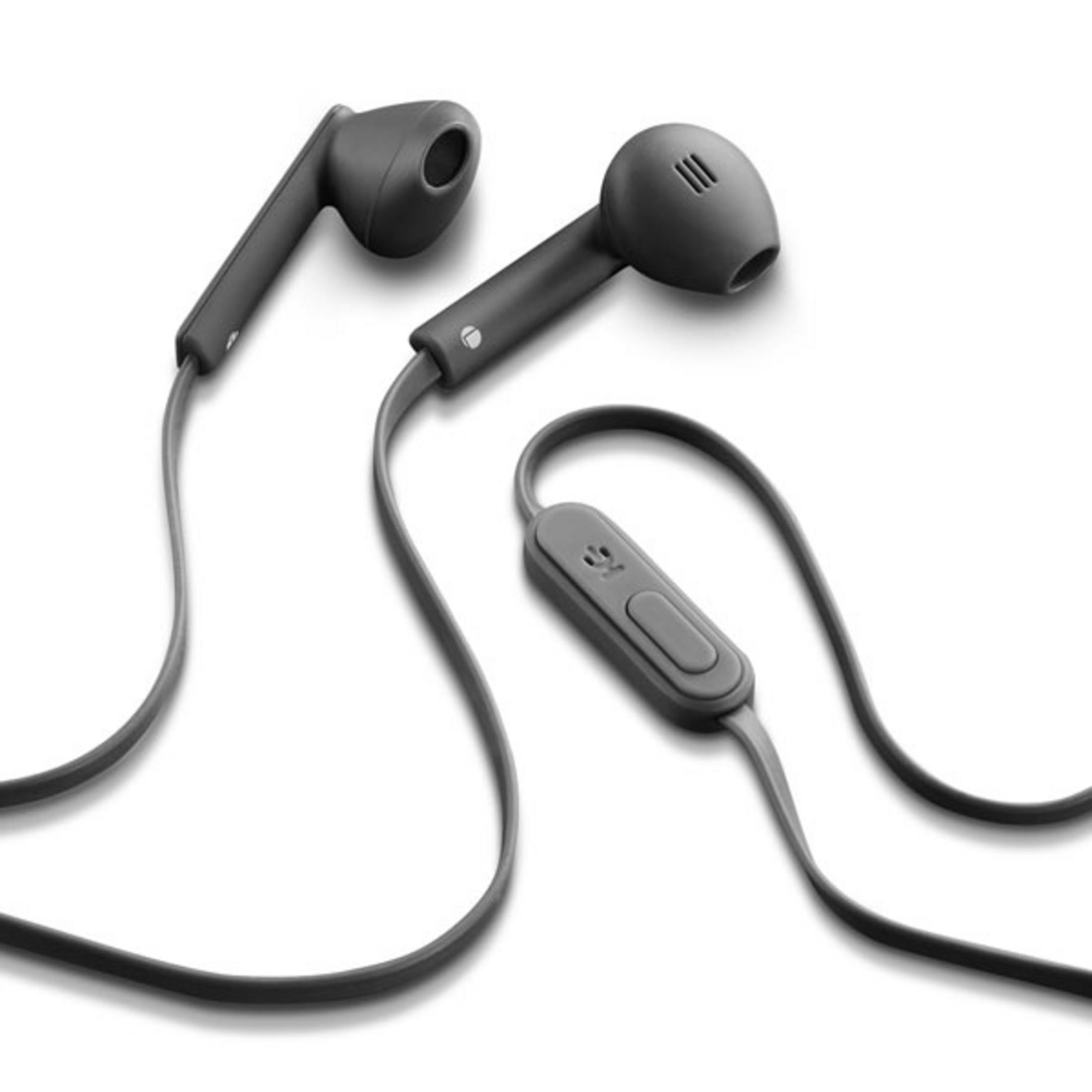 Dos auriculares internos grises con mando y cable sobre fondo blanco.