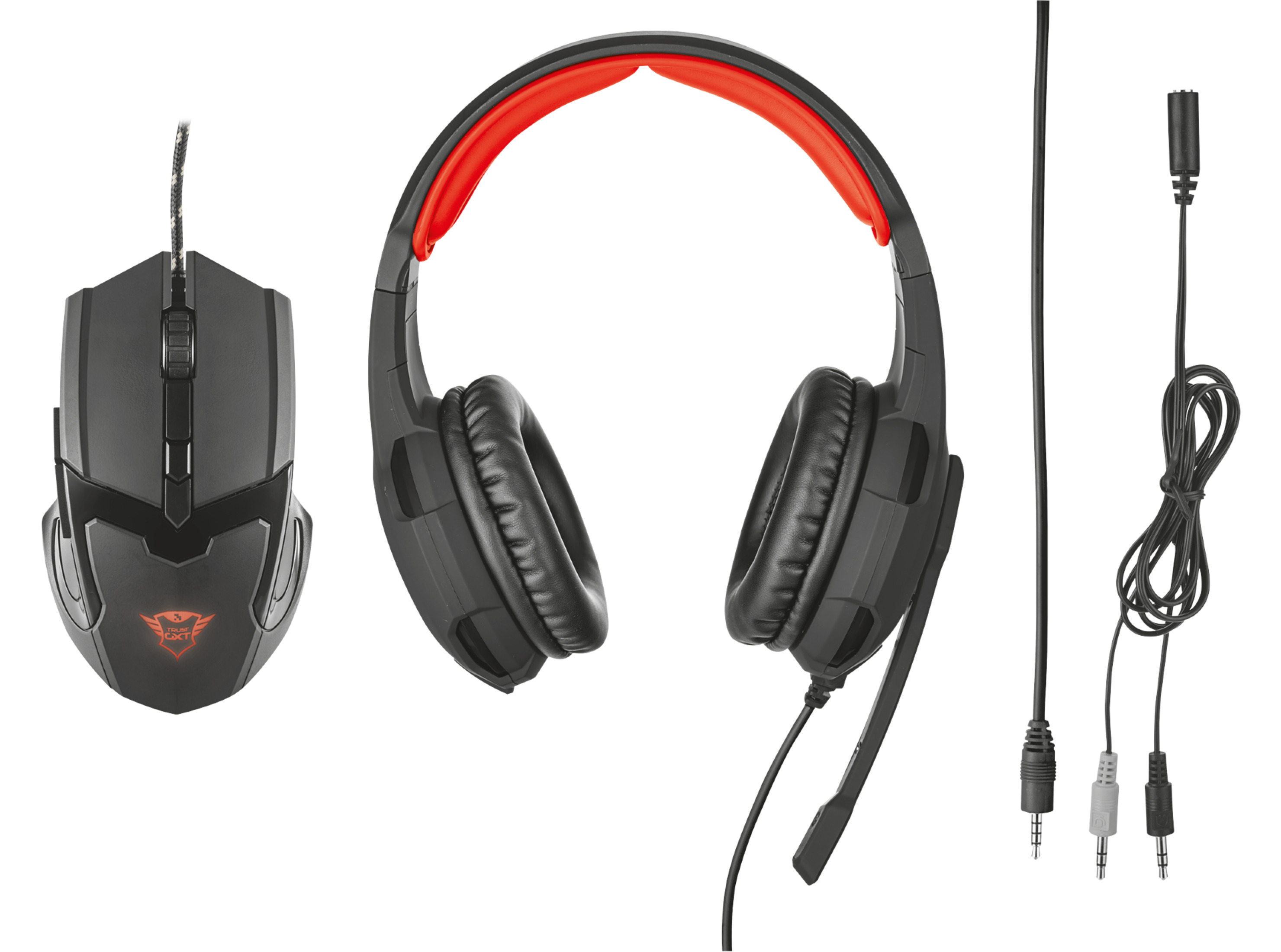 Mouse da gioco, cuffie e cavi di connessione. Schema colori nero e rosso.