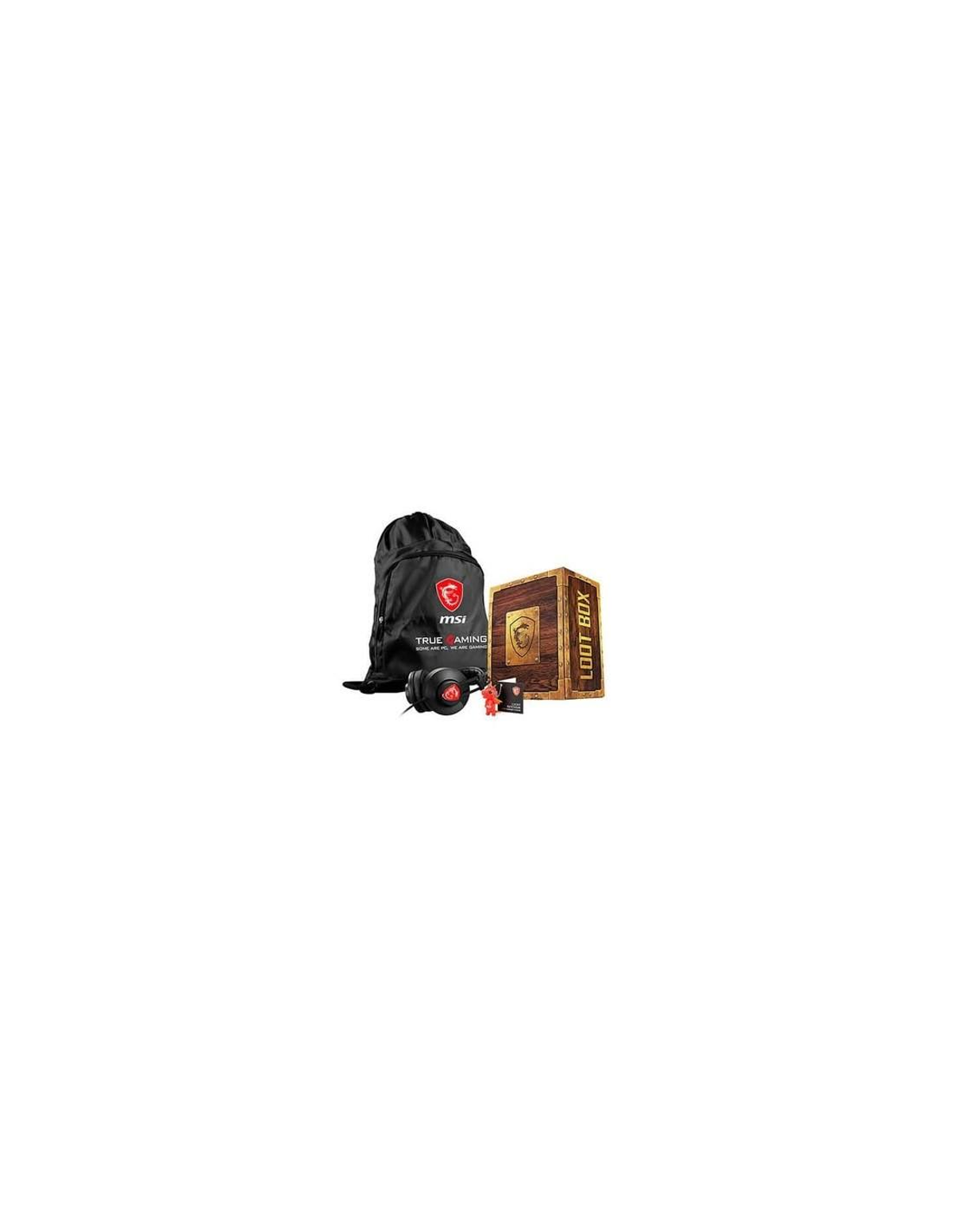 Un set regalo loot box, tra cui zaino MSI True Gaming, cuffie e figure.