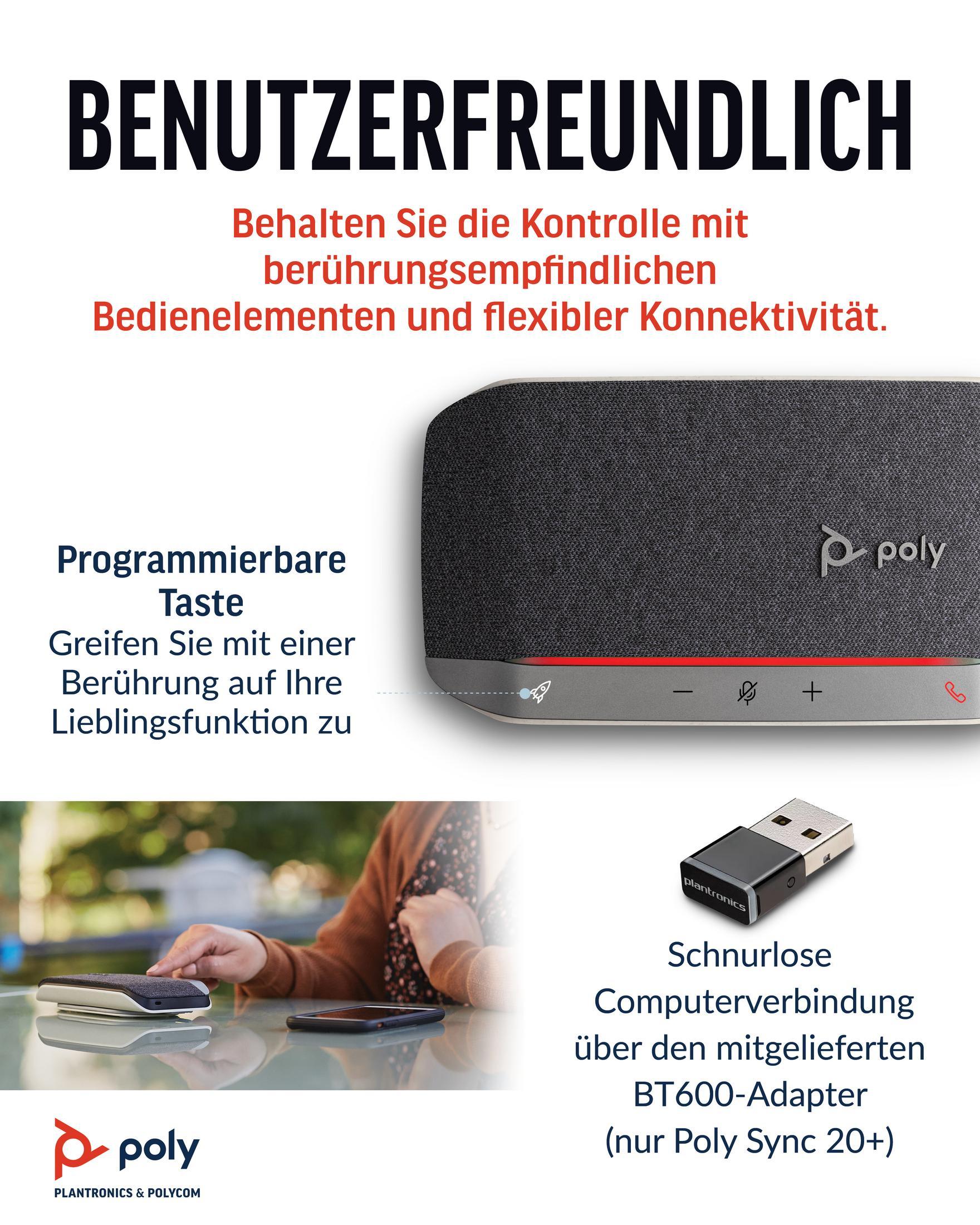 POLY 2-221458-099 SYNC 20+ WW/RETAIL, Grau Bluetooth Konferenzlautsprecher Kinnbügel TEAMS USB-A/C