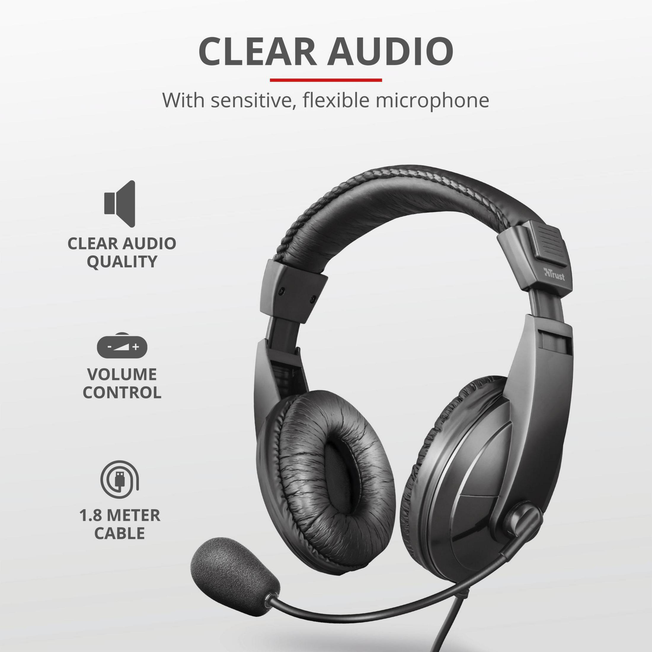 Schwarzes Headset mit Mikrofon und Text über Audioqualität und Lautstärke.