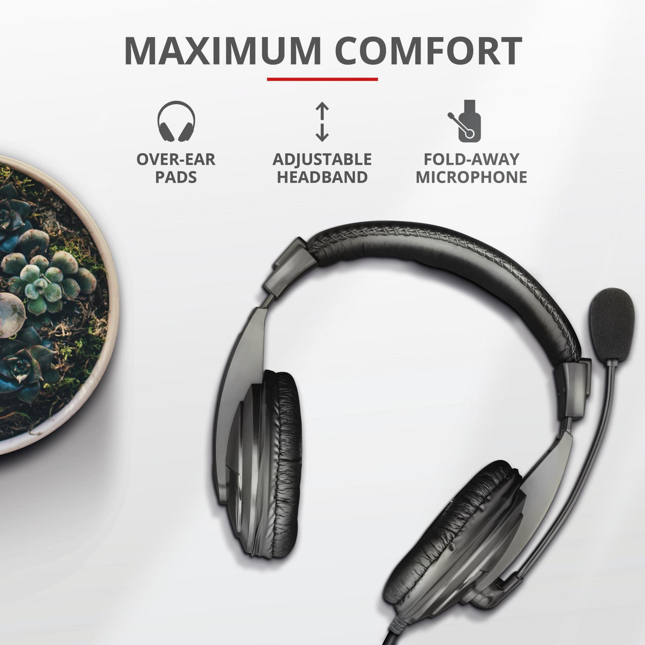 Headset mit Text über Komfort. Over-Ear-Pads, verstellbarer Kopfbügel, einklappbares Mikrofon.