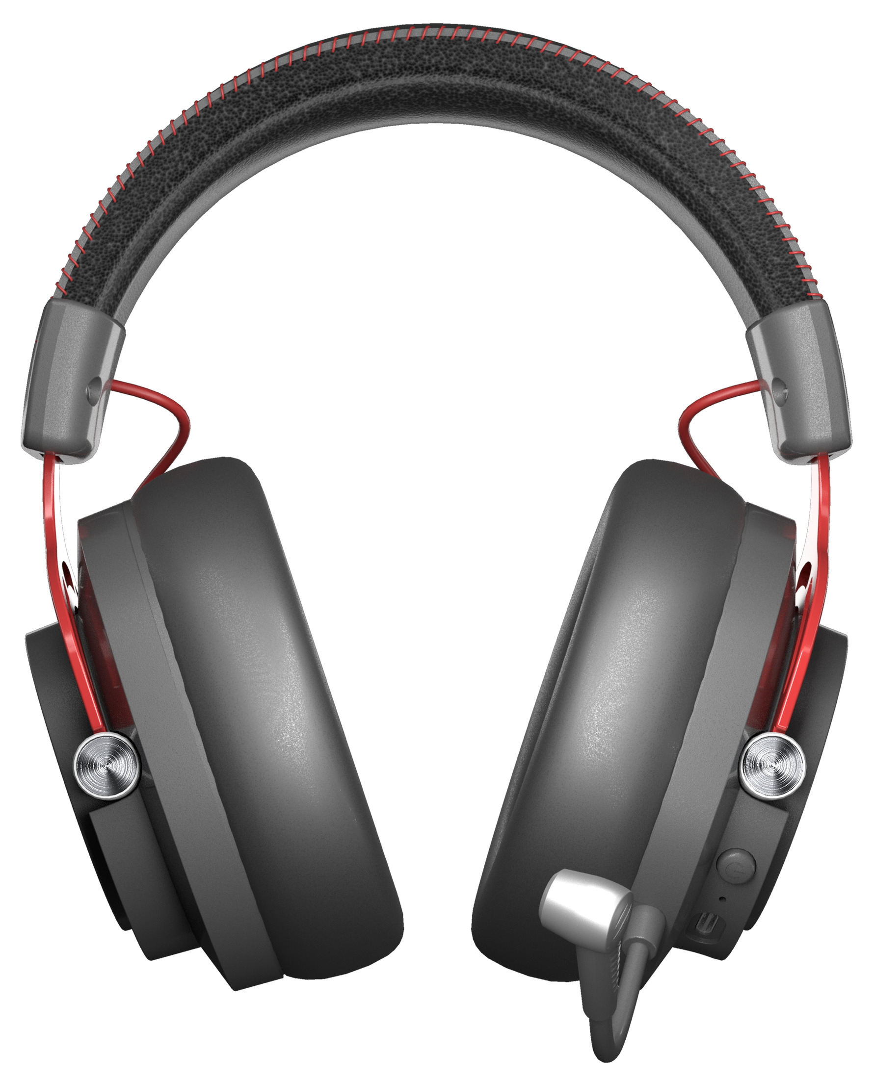 Szare i czarne słuchawki z czerwonymi akcentami. Muszle są pochylone.