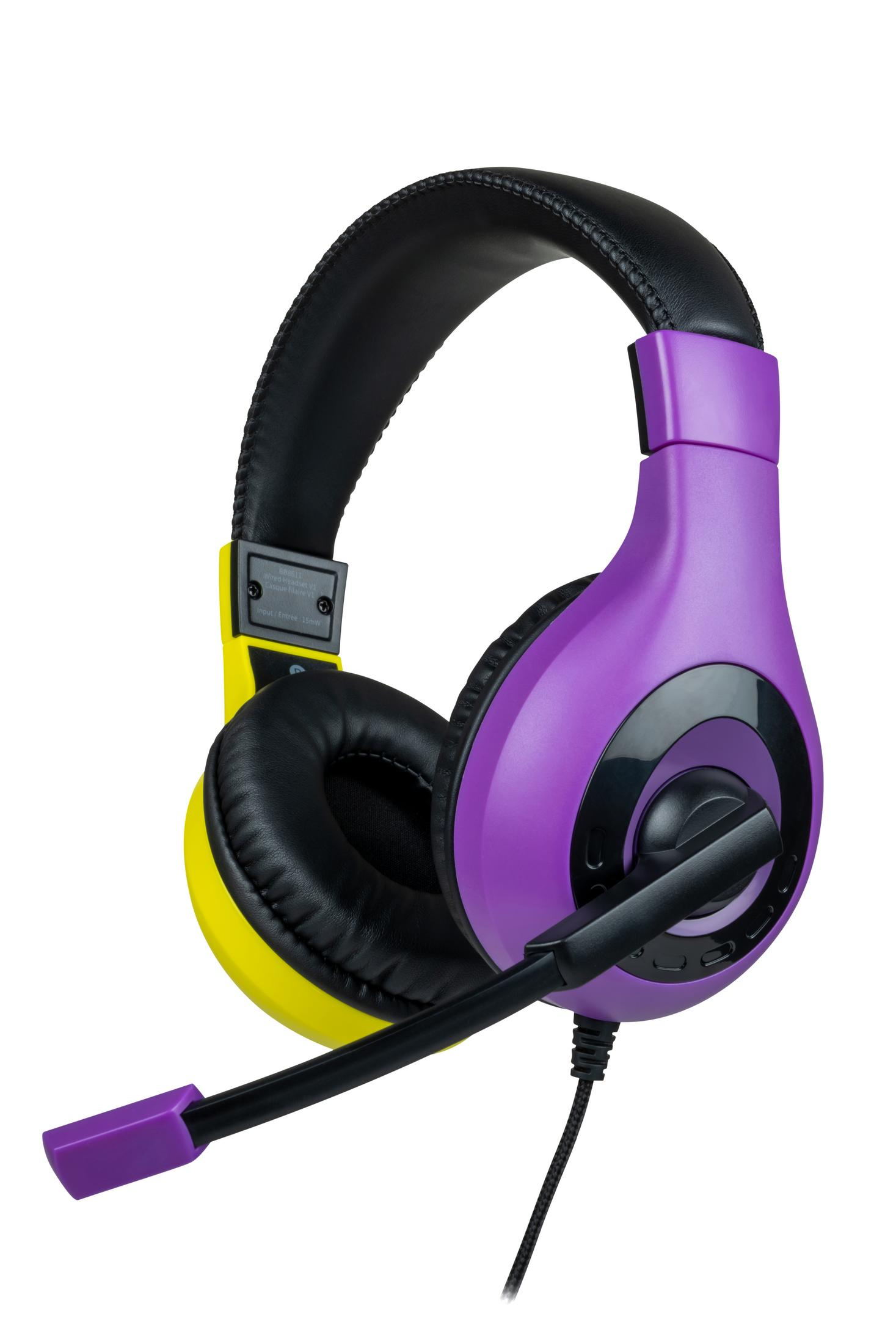 Lila und gelbes Gaming-Headset mit schwarzem Mikrofon.