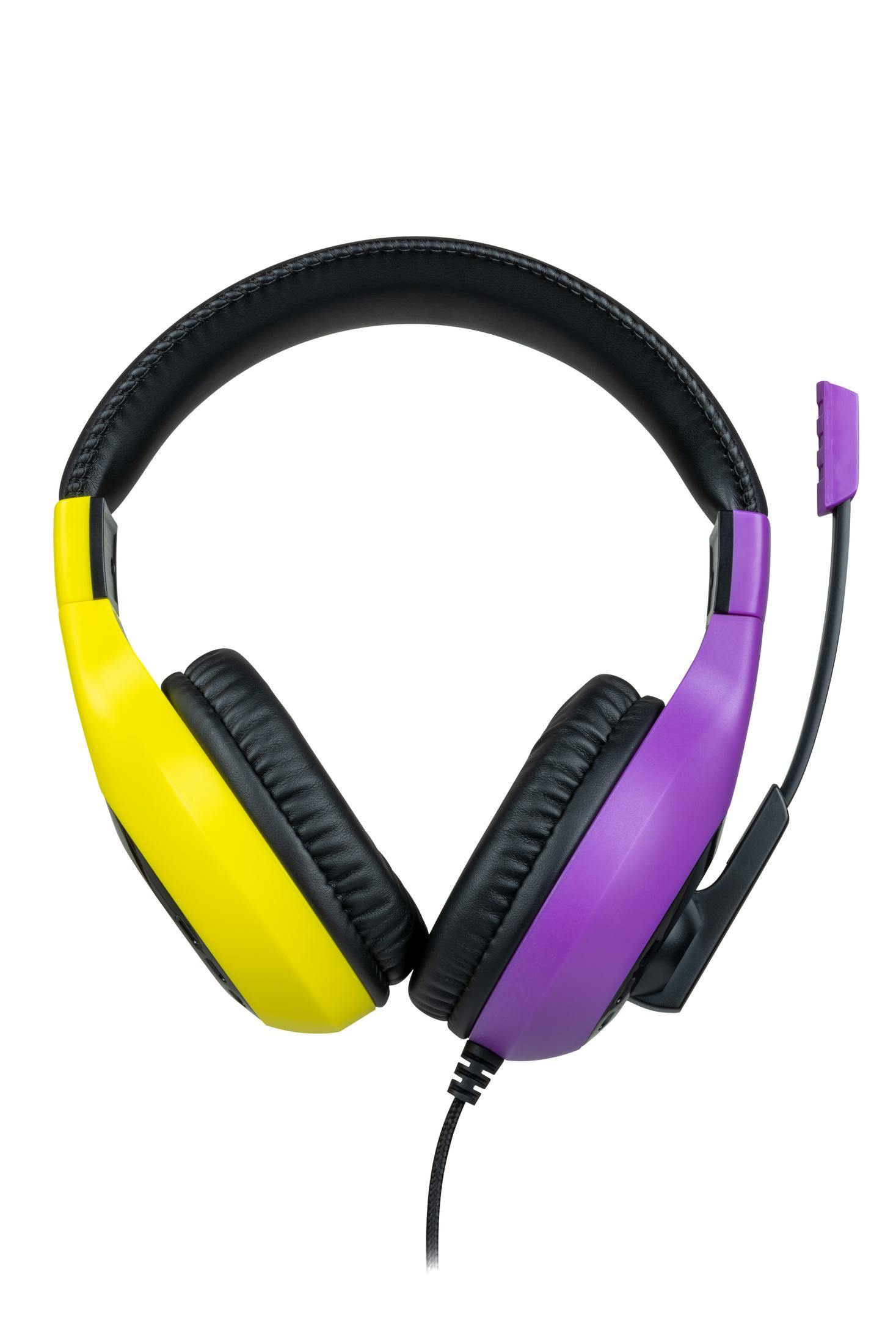 Gelb-violette Gaming-Kopfhörer mit Mikrofon. Schwarze Ohrmuscheln und ein schwarzer Kopfbügel.
