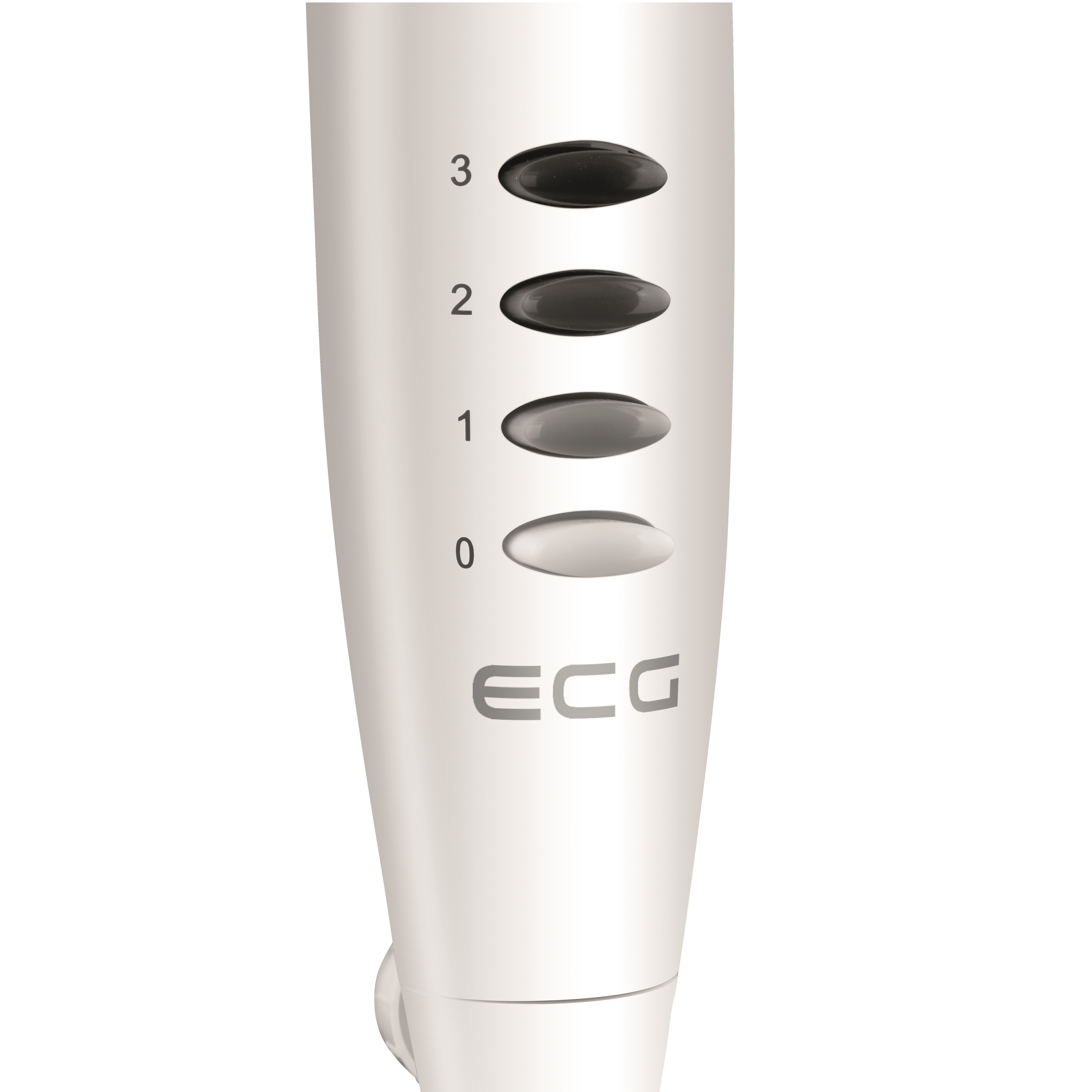 Białe urządzenie z 4 szarymi przyciskami. Widoczne logo ECG. Białe tło.
