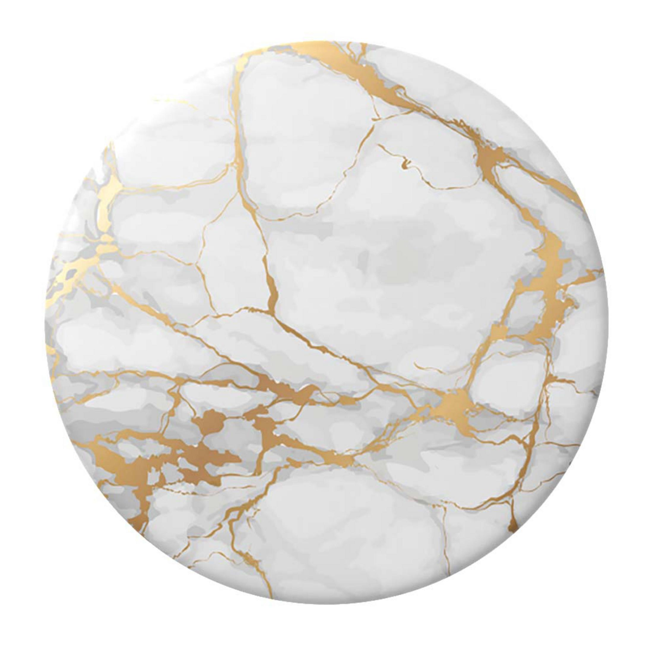 PopSocket redondo con aspecto de mármol blanco con vetas doradas sobre fondo blanco.
