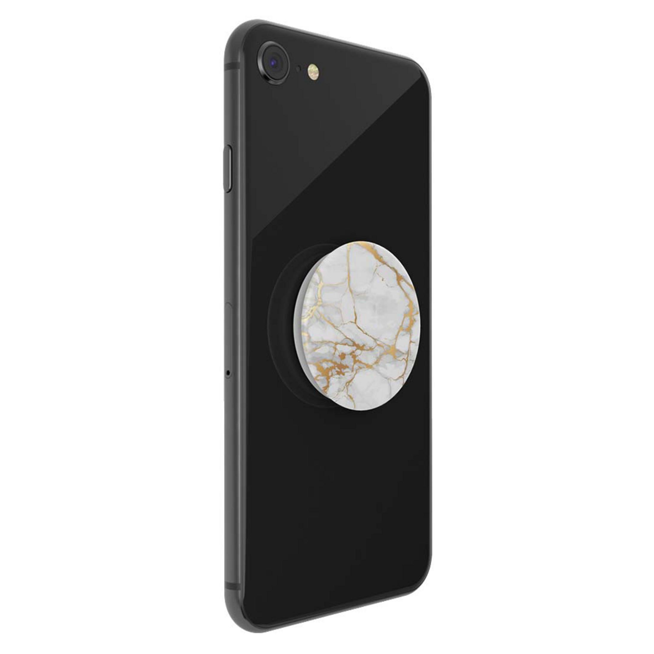 Smartphone negro con un PopSocket de diseño de mármol blanco y dorado en la parte posterior.