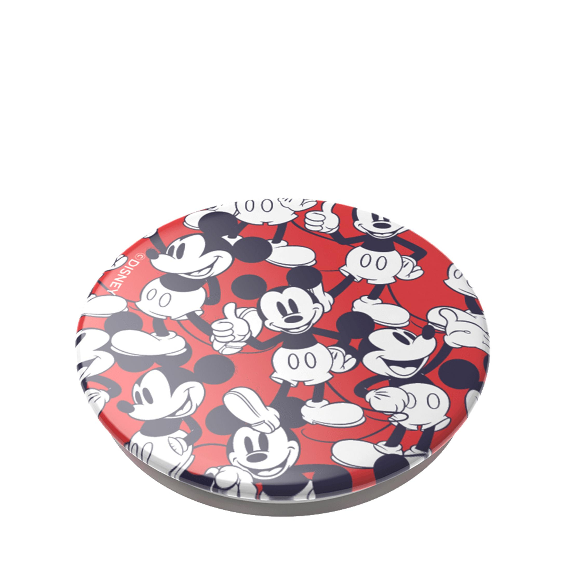 Ein runder Mickey Mouse Popsocket mit rotem Hintergrund und mehreren Mickey Mouse Bildern.