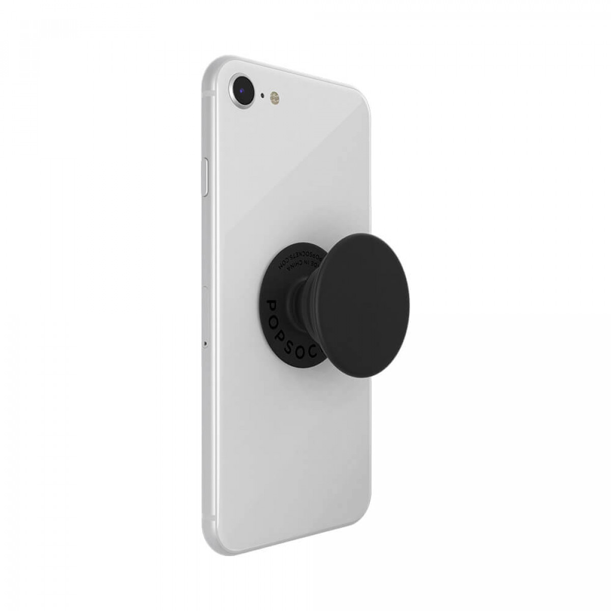Weißes Telefon mit angebrachtem schwarzem PopSocket. Schwarzer PopSocket.