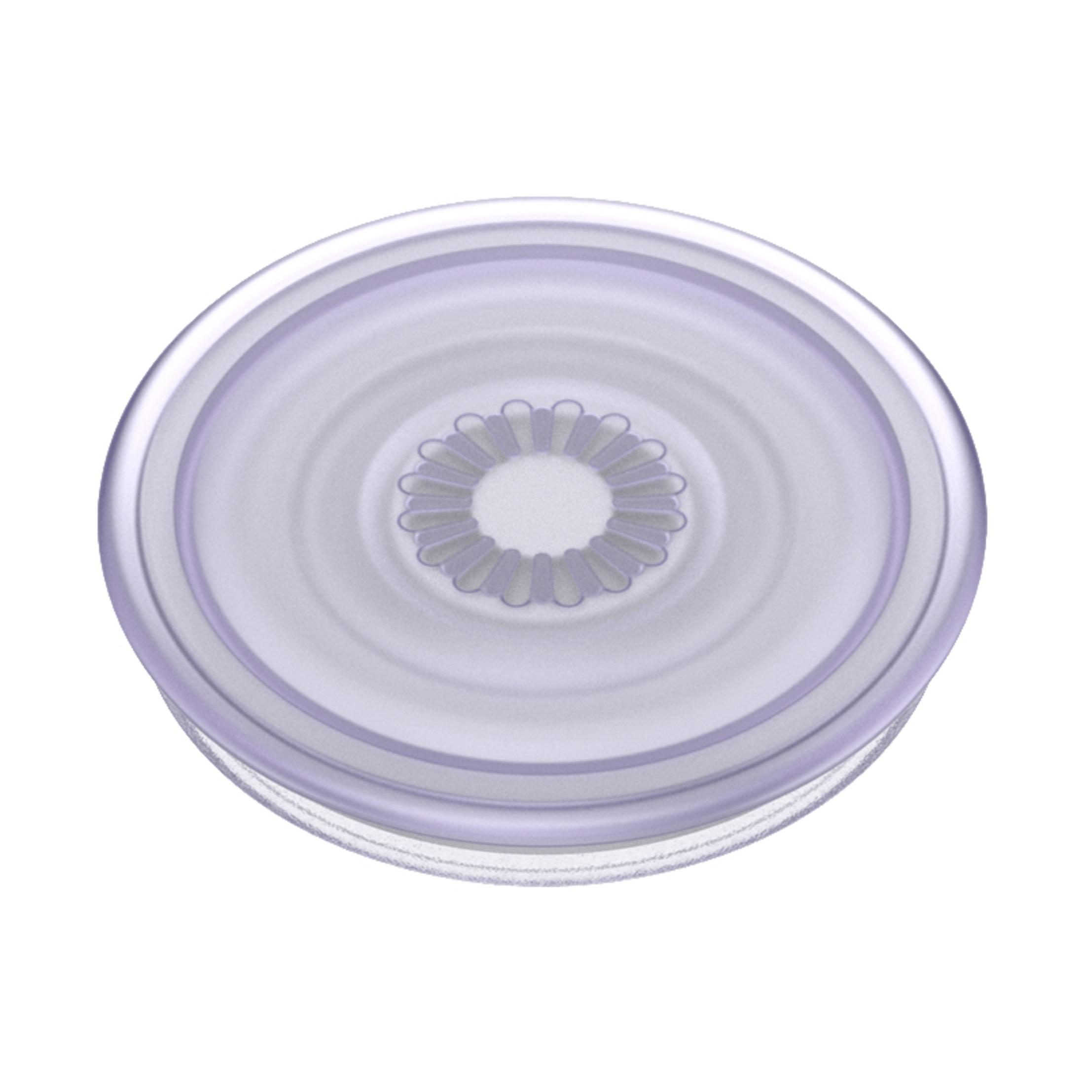 Un PopSocket rotondo e trasparente, con un cerchio interno scanalato. La superficie riflette la luce.