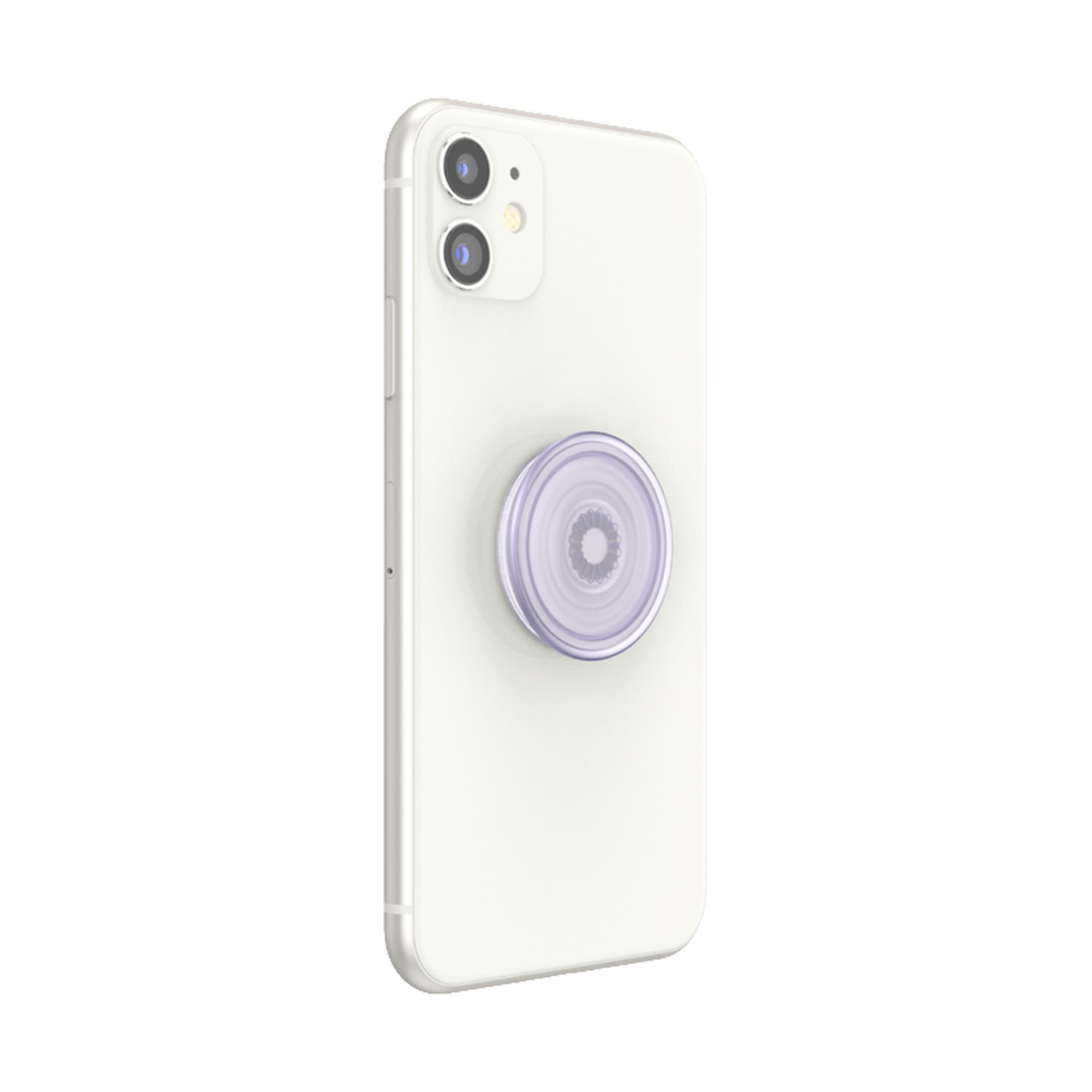 Un telefono bianco con un'impugnatura PopSockets viola.
