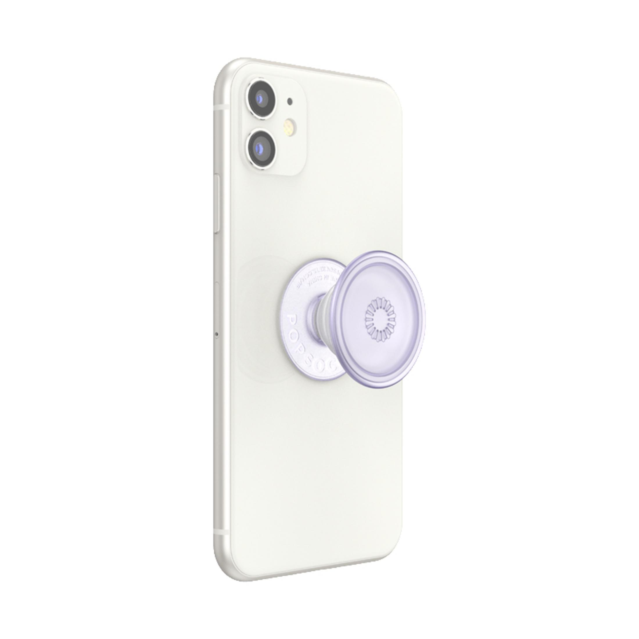 Telefono bianco con un PopSocket lilla chiaro attaccato sul retro.