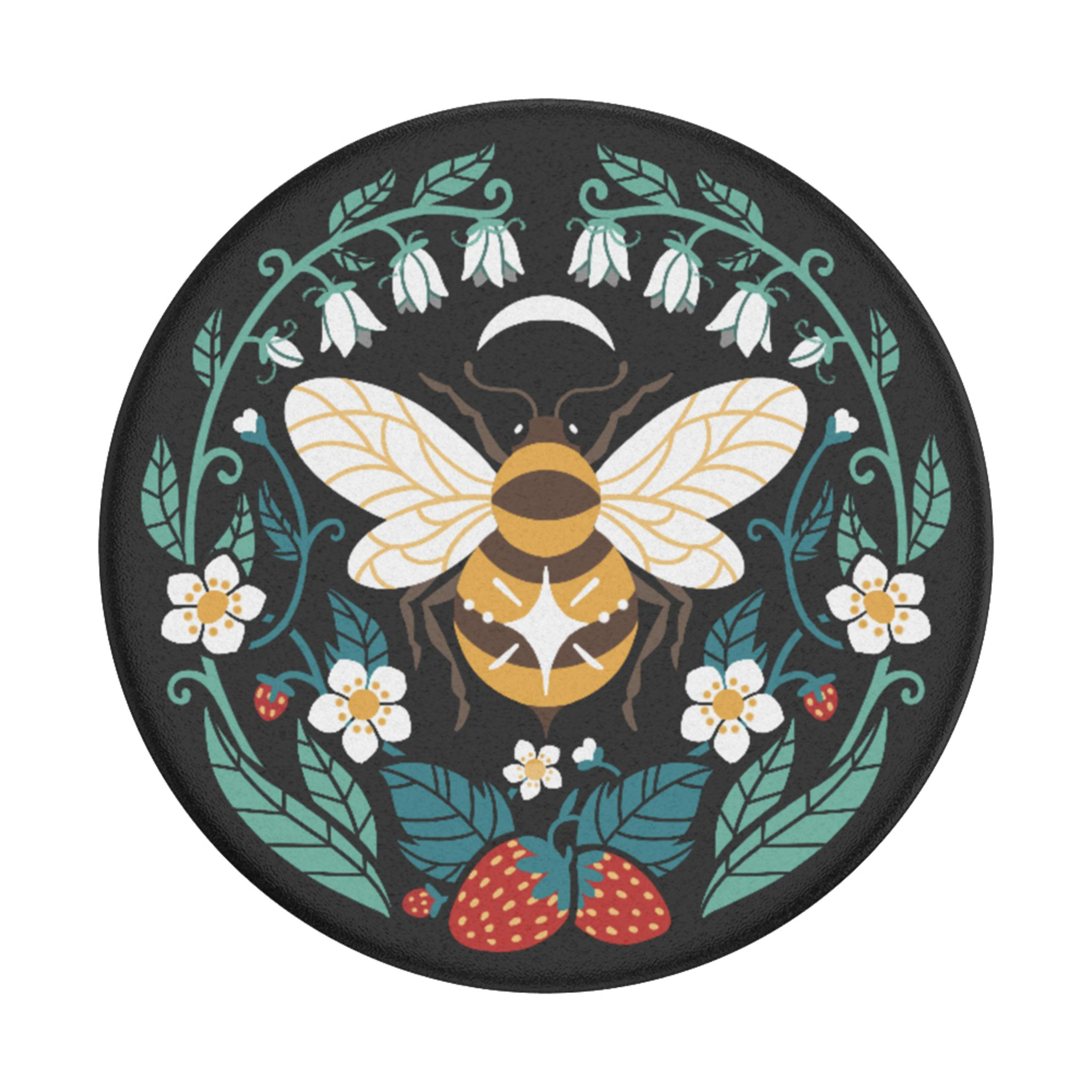 Runder Handy-Griff mit Bienen- und Blumendesign auf schwarzem Hintergrund. Weiße Blumen und Erdbeeren umgeben es.