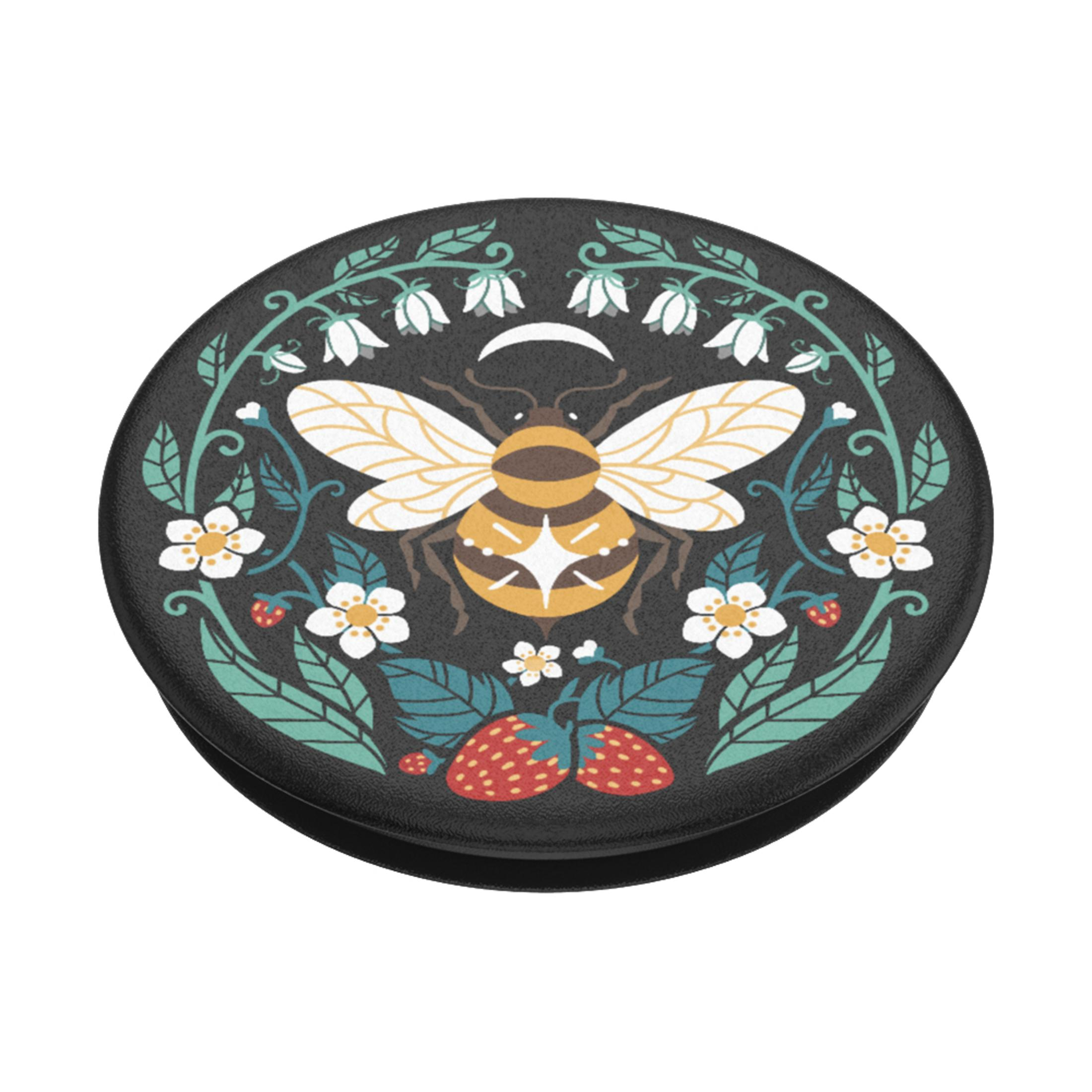Schwarzer PopSocket mit einer Biene, umgeben von Blättern, Blumen und Erdbeeren.
