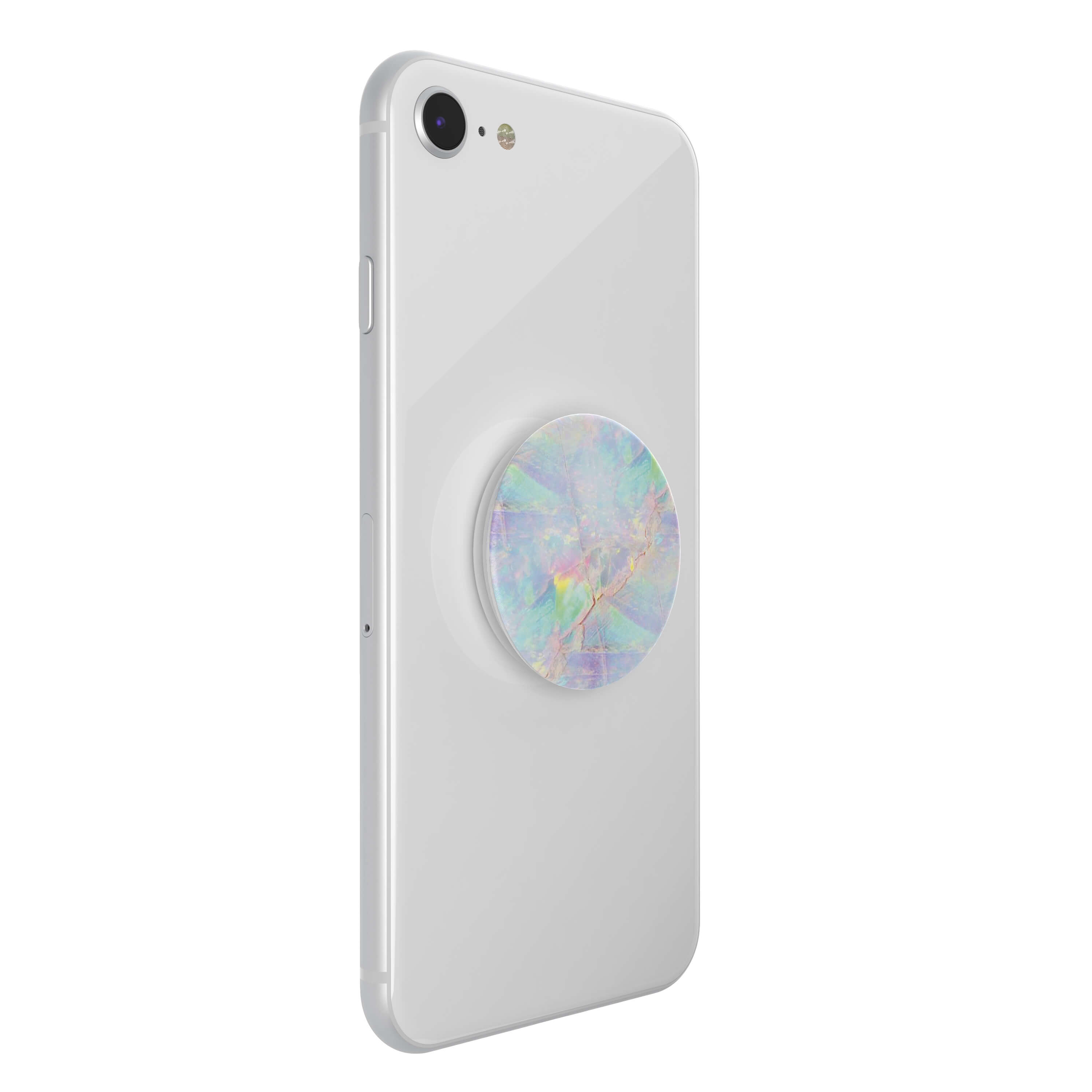 Un teléfono blanco con un pop socket. El pop socket tiene un diseño marmolado colorido.