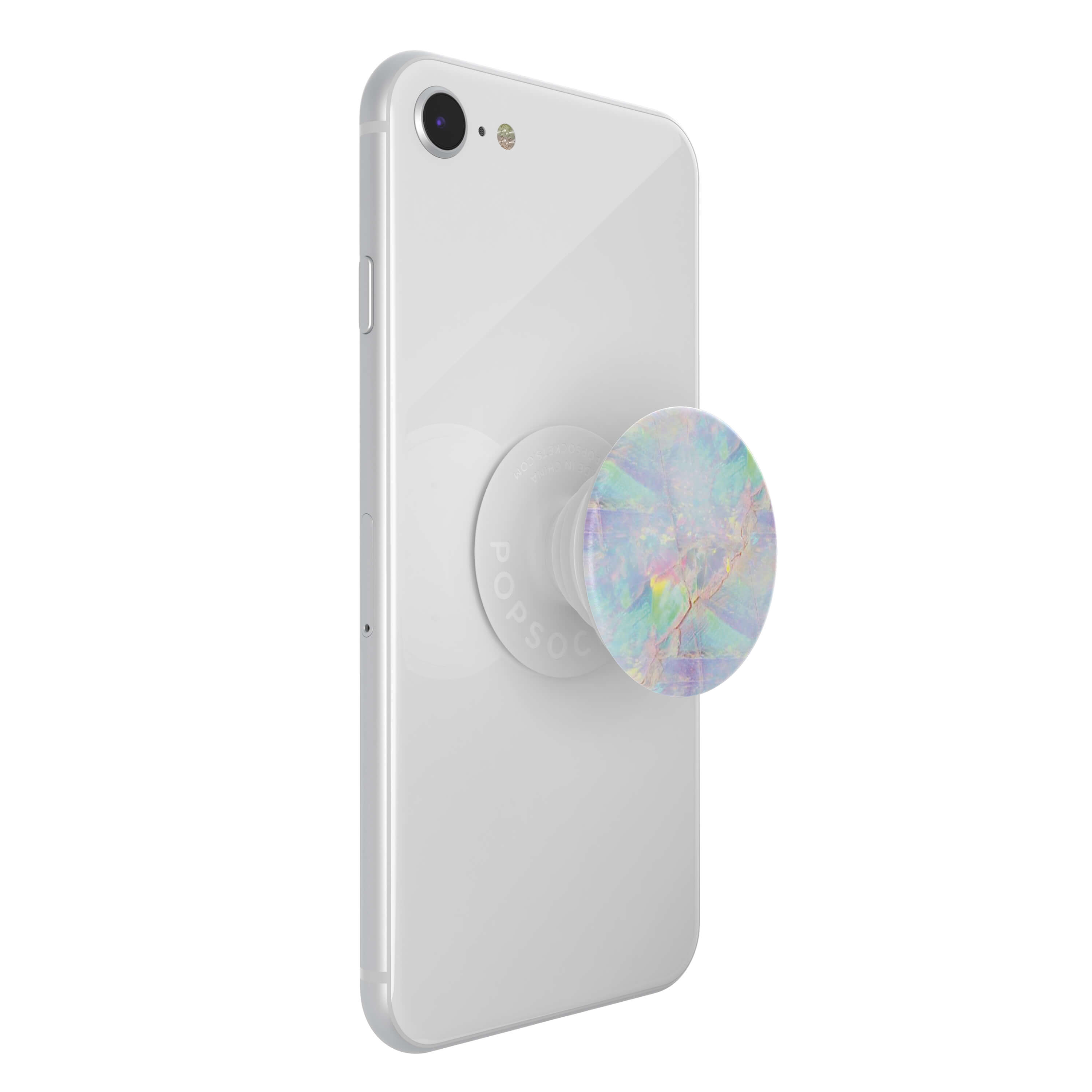 Un smartphone blanco con un popsocket colorido adjunto, que muestra un diseño de mármol.